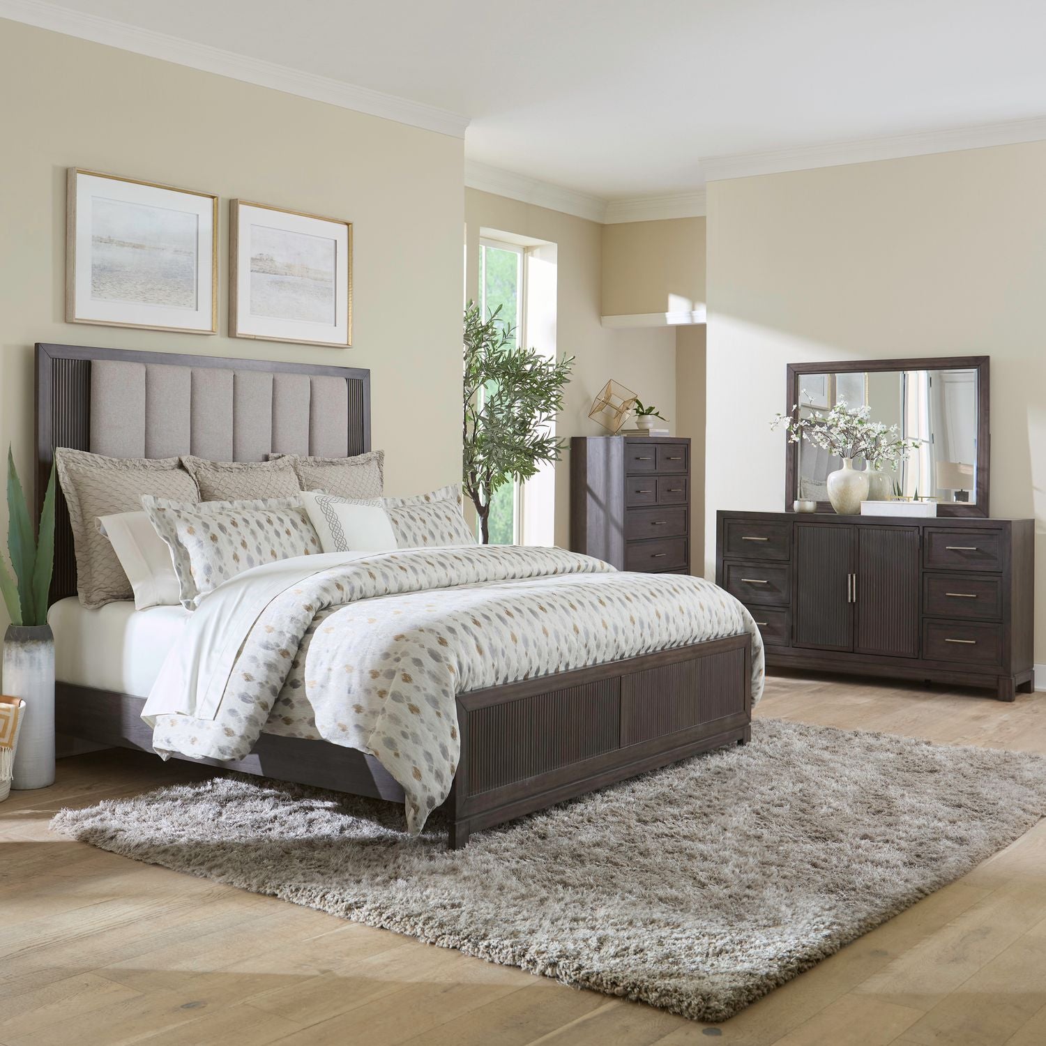 King Uph Bed, Dresser & Mirror, Chest