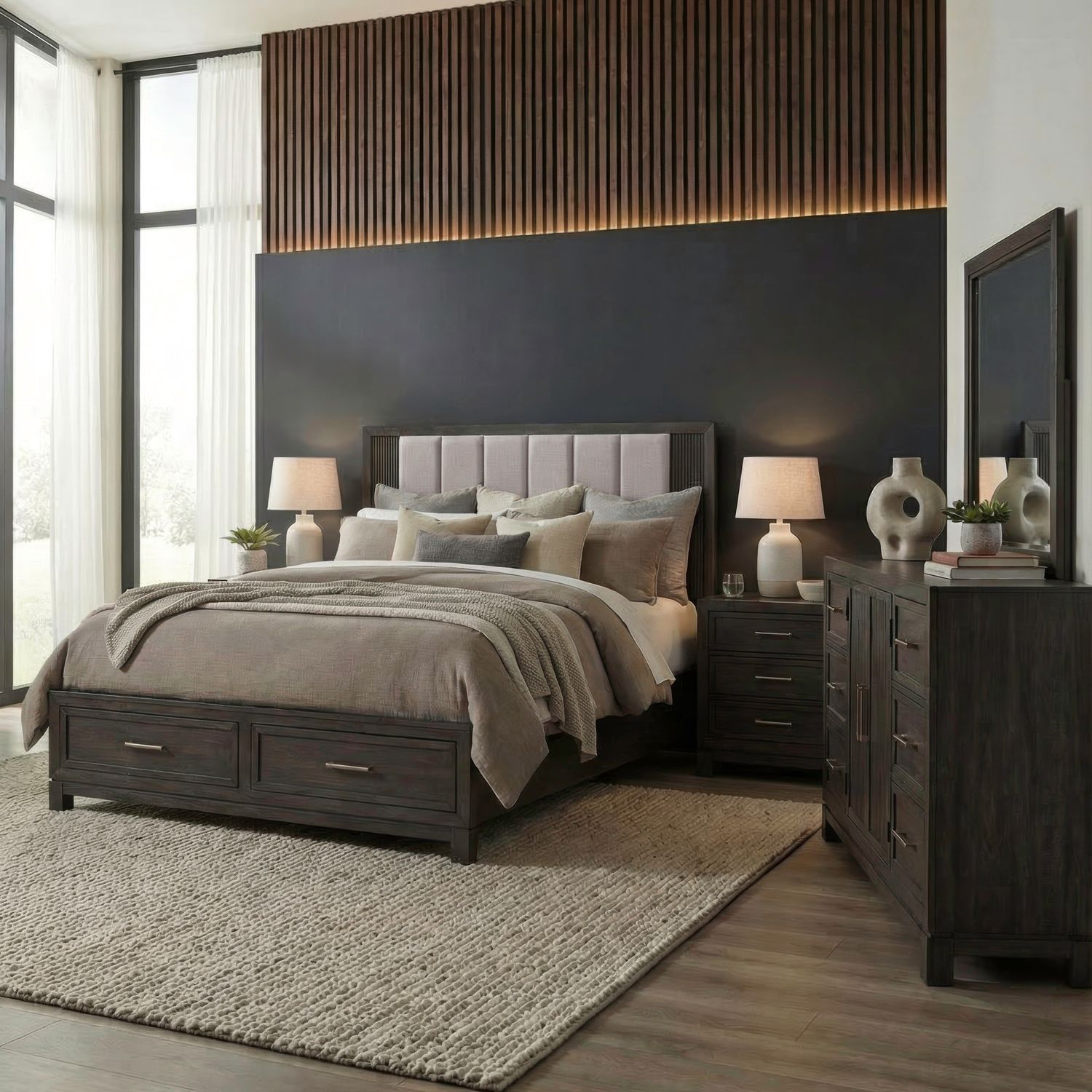 Queen Storage Bed, Dresser & Mirror, Night Stand