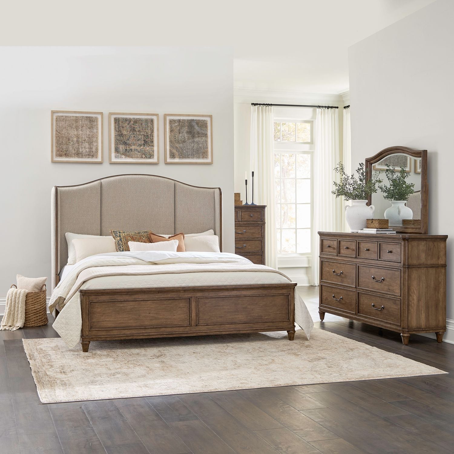 King Shelter Bed, Dresser & Mirror, Chest
