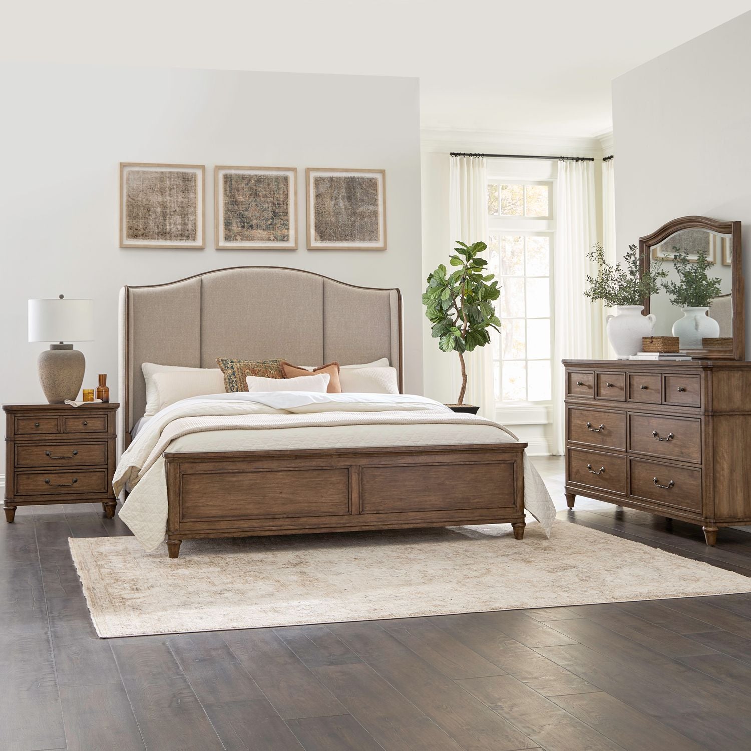 Queen Shelter Bed, Dresser & Mirror, Night Stand