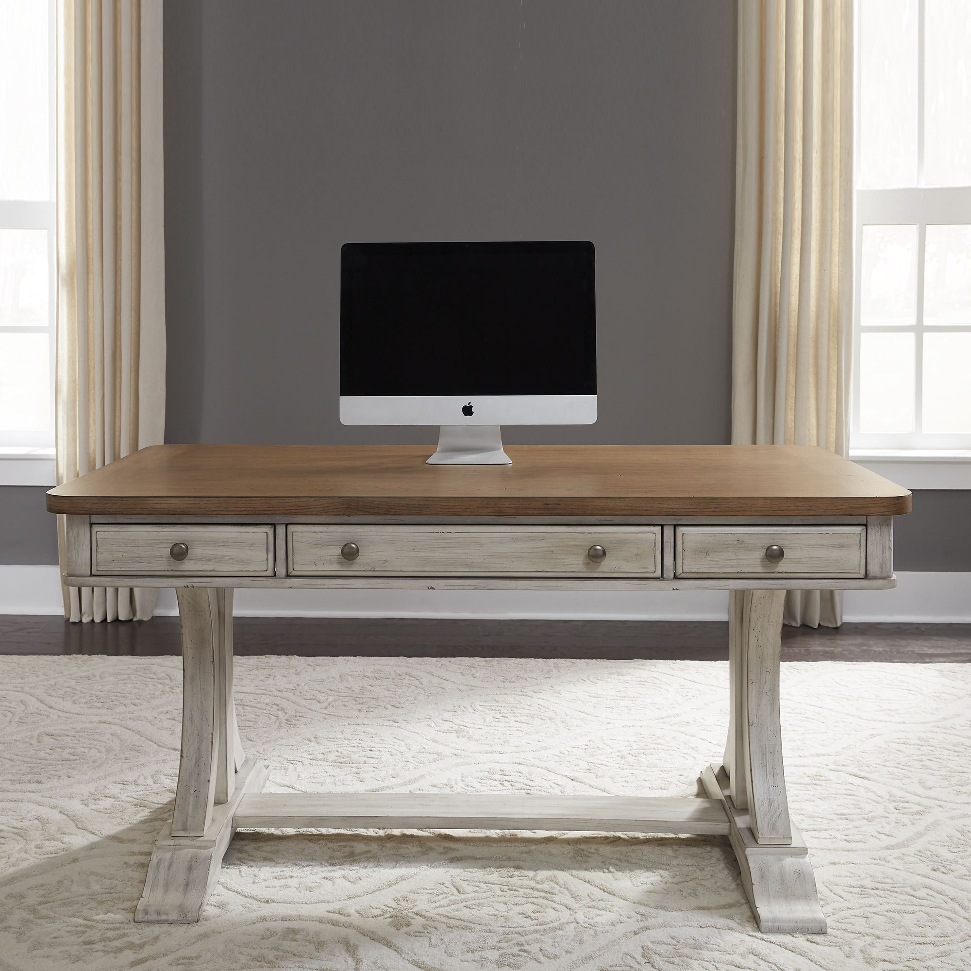 Farmhouse Reimagined - 3 Piece Home Office Set (Desk & Hutch) - Antique White / Chestnut Tops