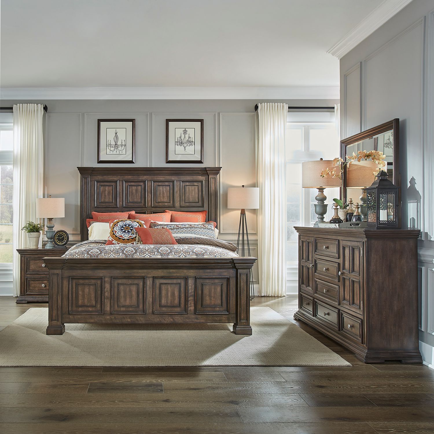 King Panel Bed, Dresser & Mirror, Night Stand