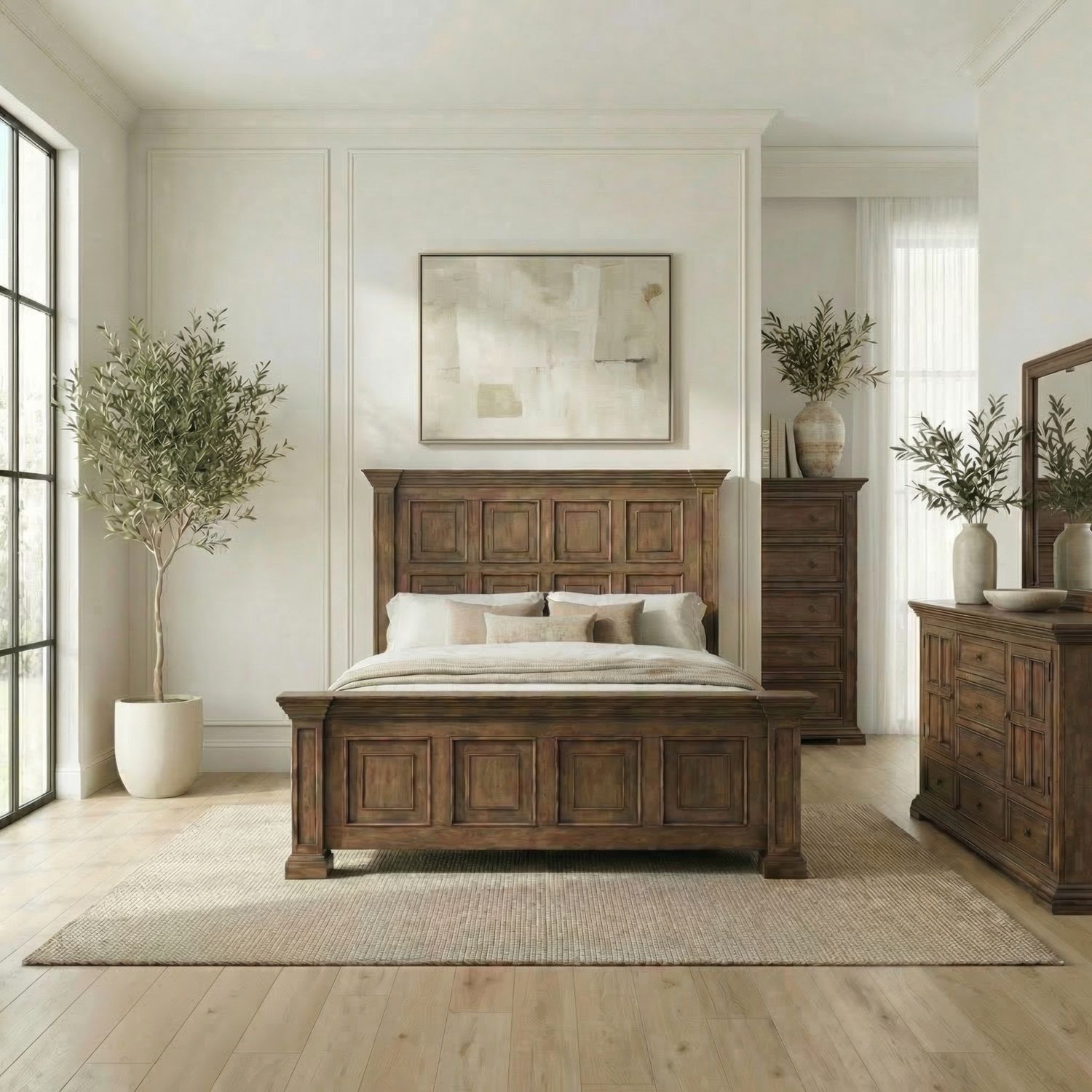 King Panel Bed, Dresser & Mirror, Chest