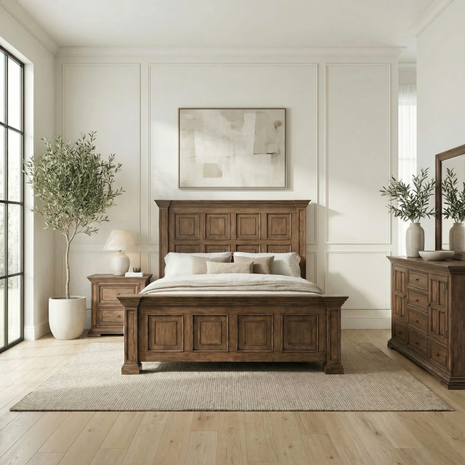 Queen Panel Bed, Dresser & Mirror, Night Stand
