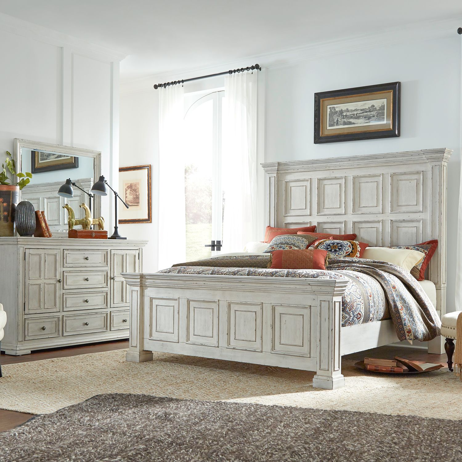 King Panel Bed, Dresser & Mirror