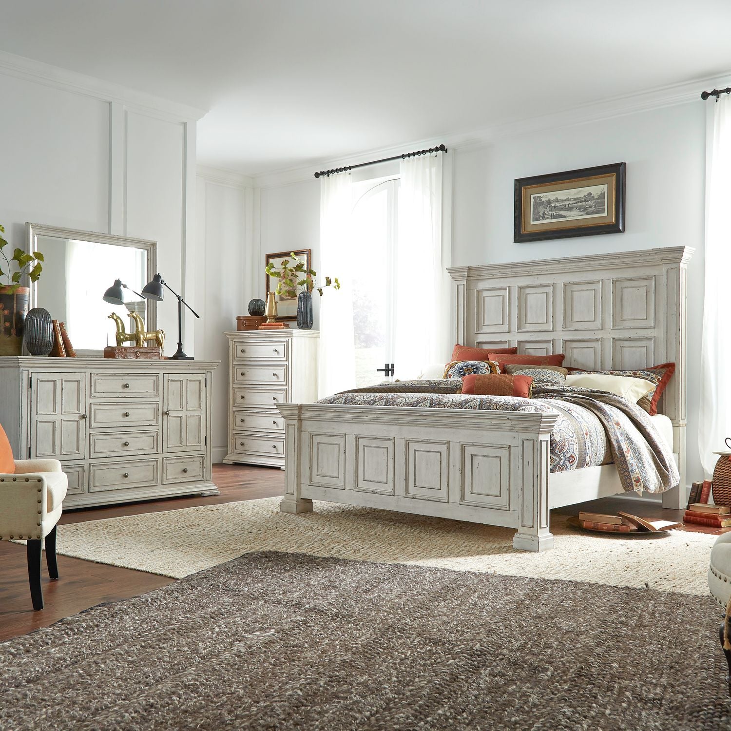 Queen Panel Bed, Dresser & Mirror, Chest
