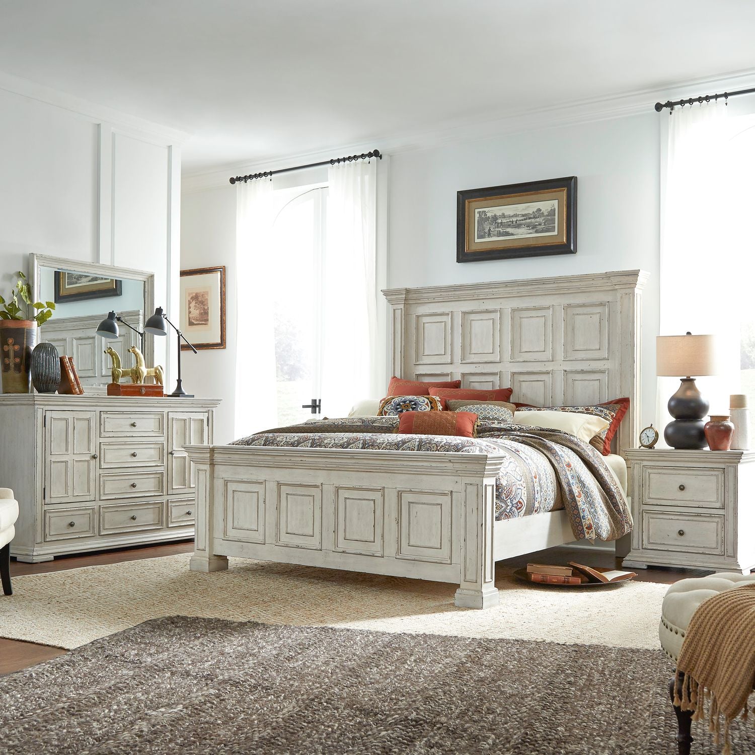 Queen Panel Bed, Dresser & Mirror, Night Stand