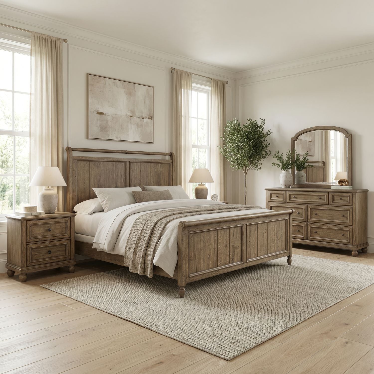 Queen Sleigh Bed, Dresser & Mirror, Night Stand