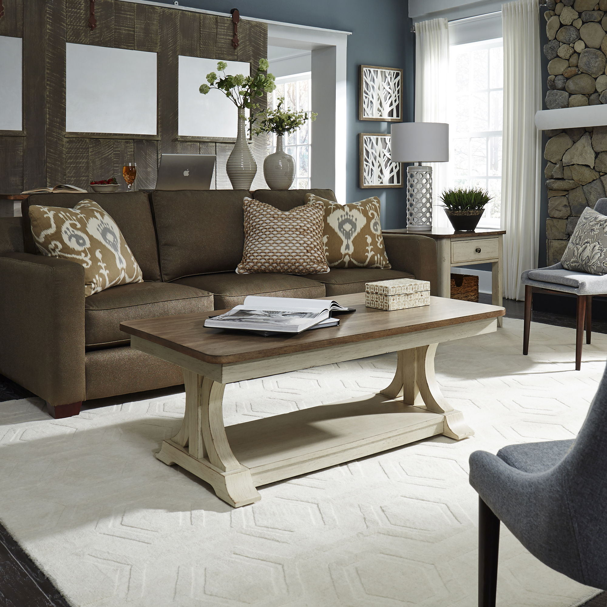 Farmhouse Reimagined - 3 Piece Table Set (1 Cocktail 2 End Tables) - Antique White / Chestnut Tops