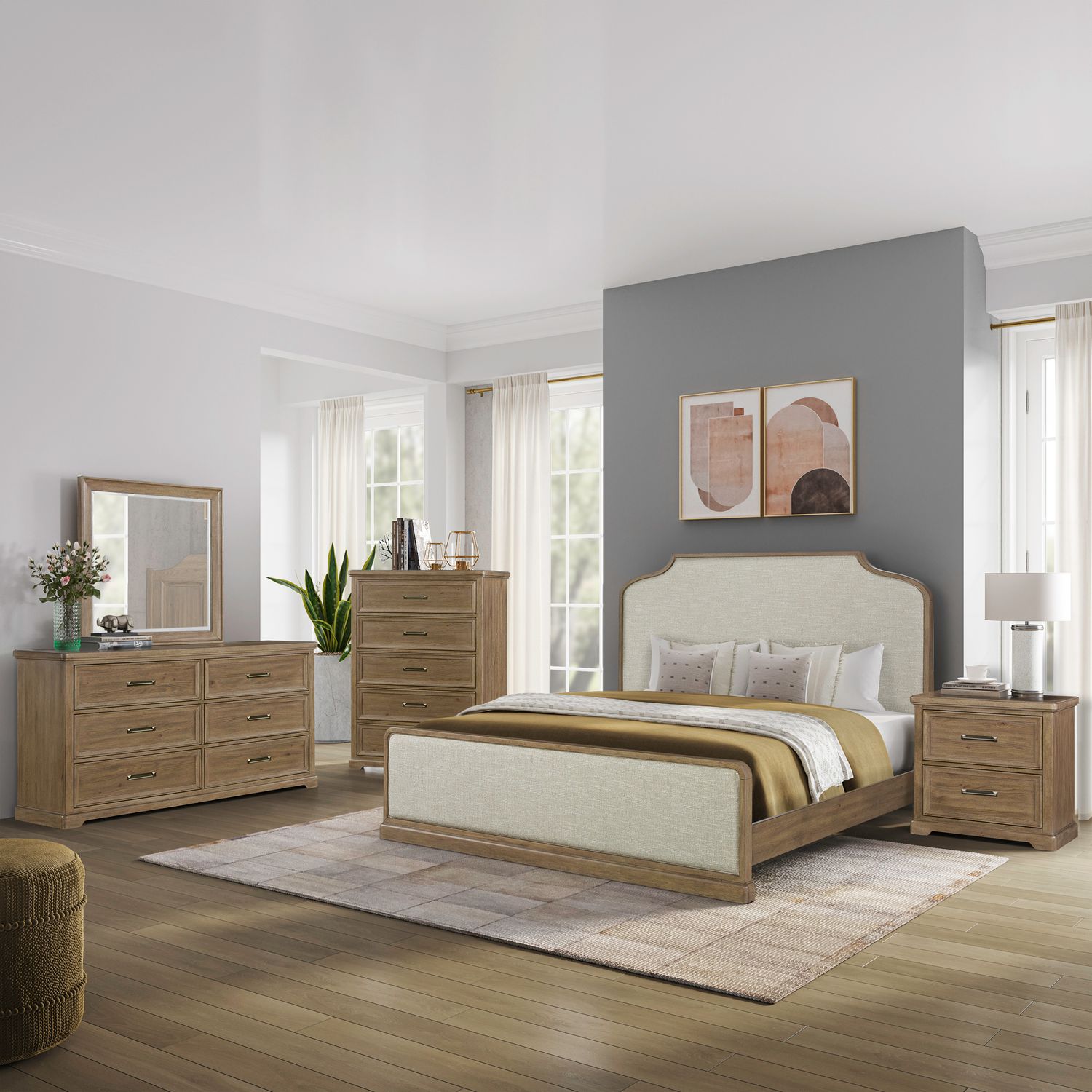 King California Uph Bed, Dresser & Mirror, Chest, Night Stand