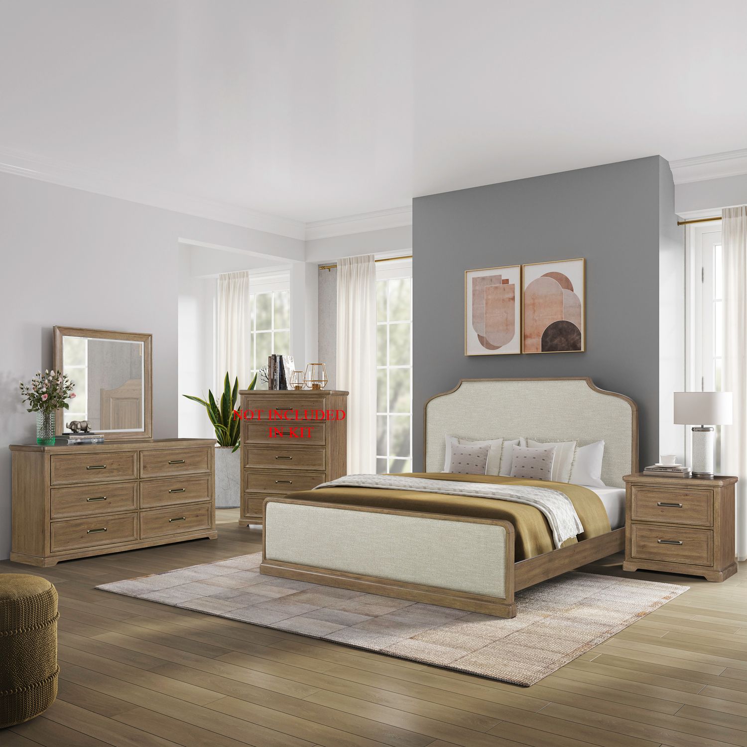 King California Uph Bed, Dresser & Mirror, Night Stand