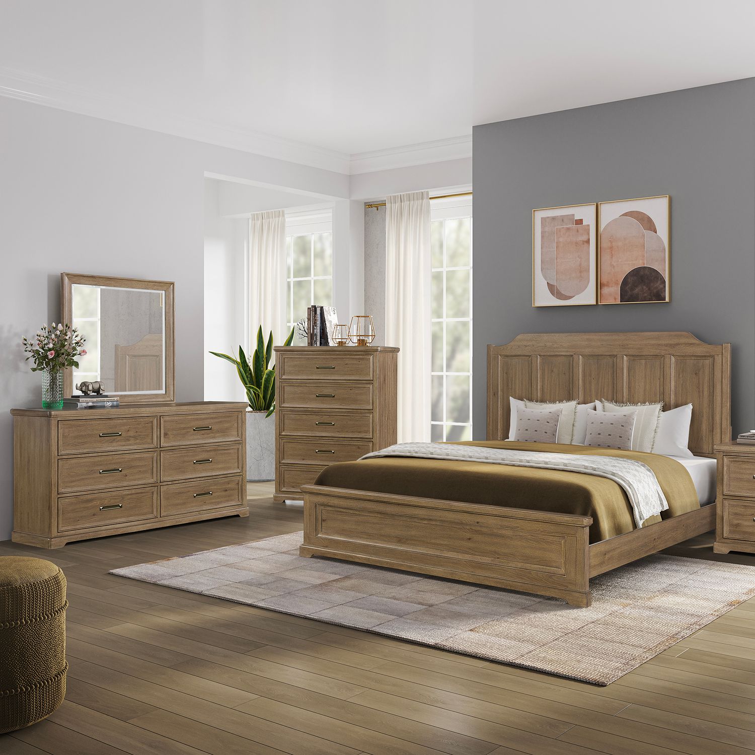 King California Panel Bed, Dresser & Mirror, Chest