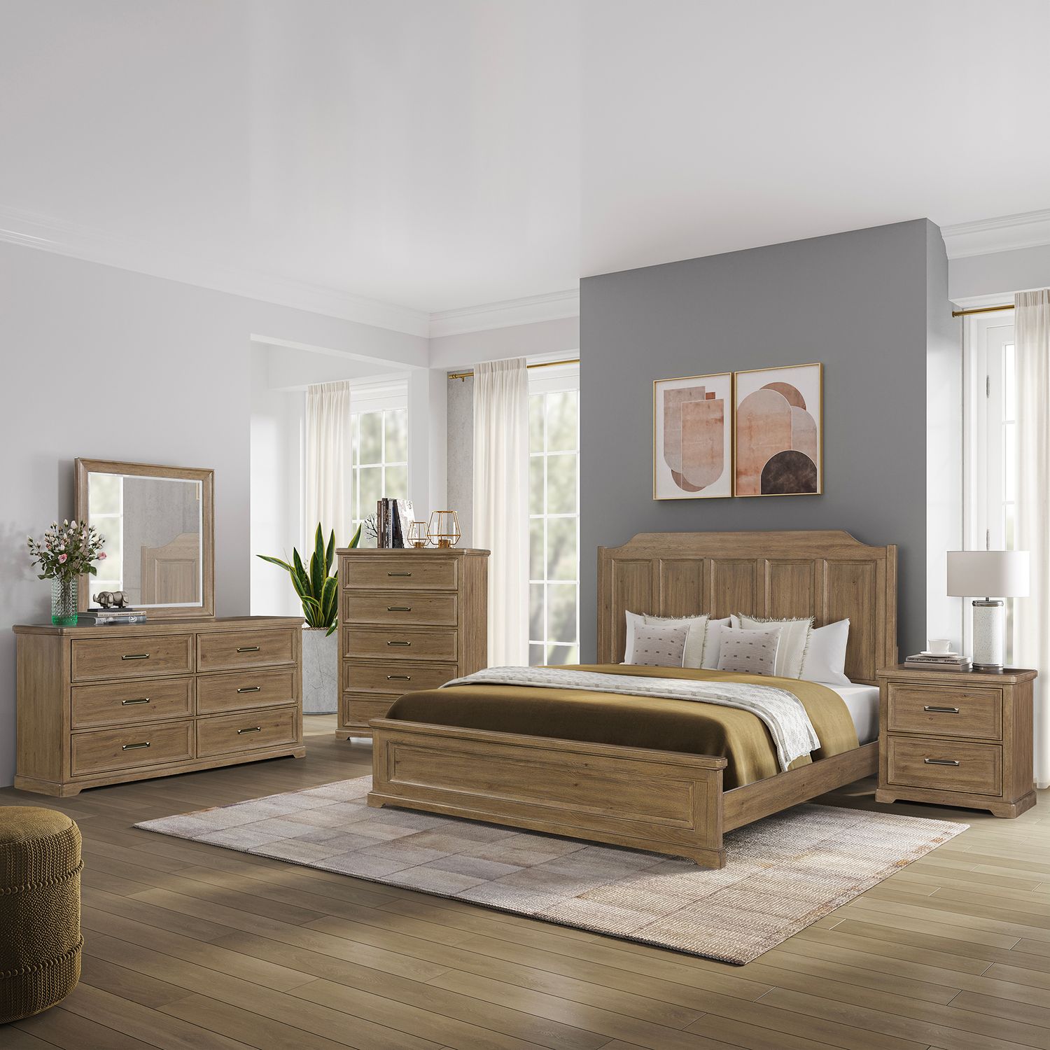 King Panel Bed, Dresser & Mirror, Chest, Night Stand