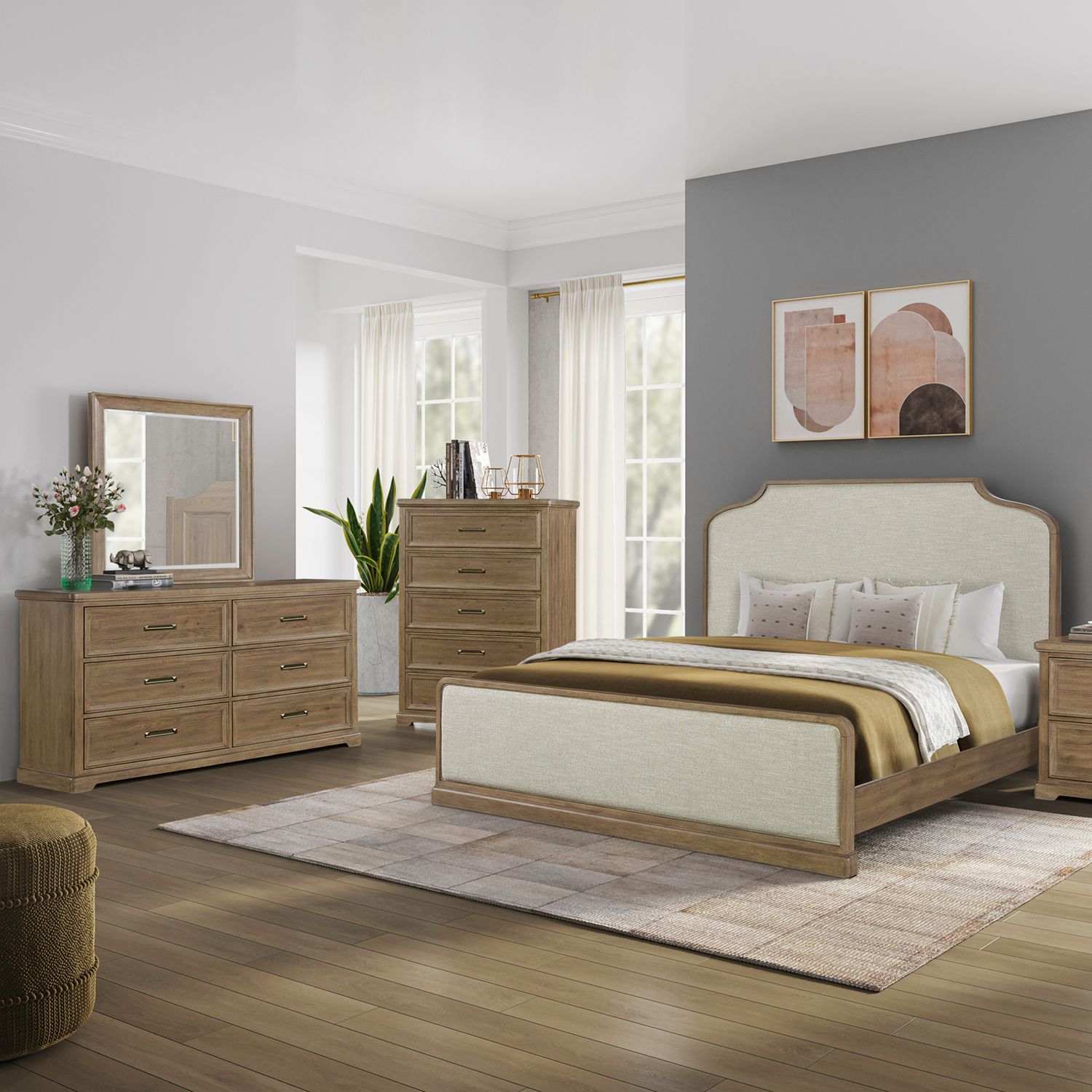 Queen Uph Bed, Dresser & Mirror, Chest