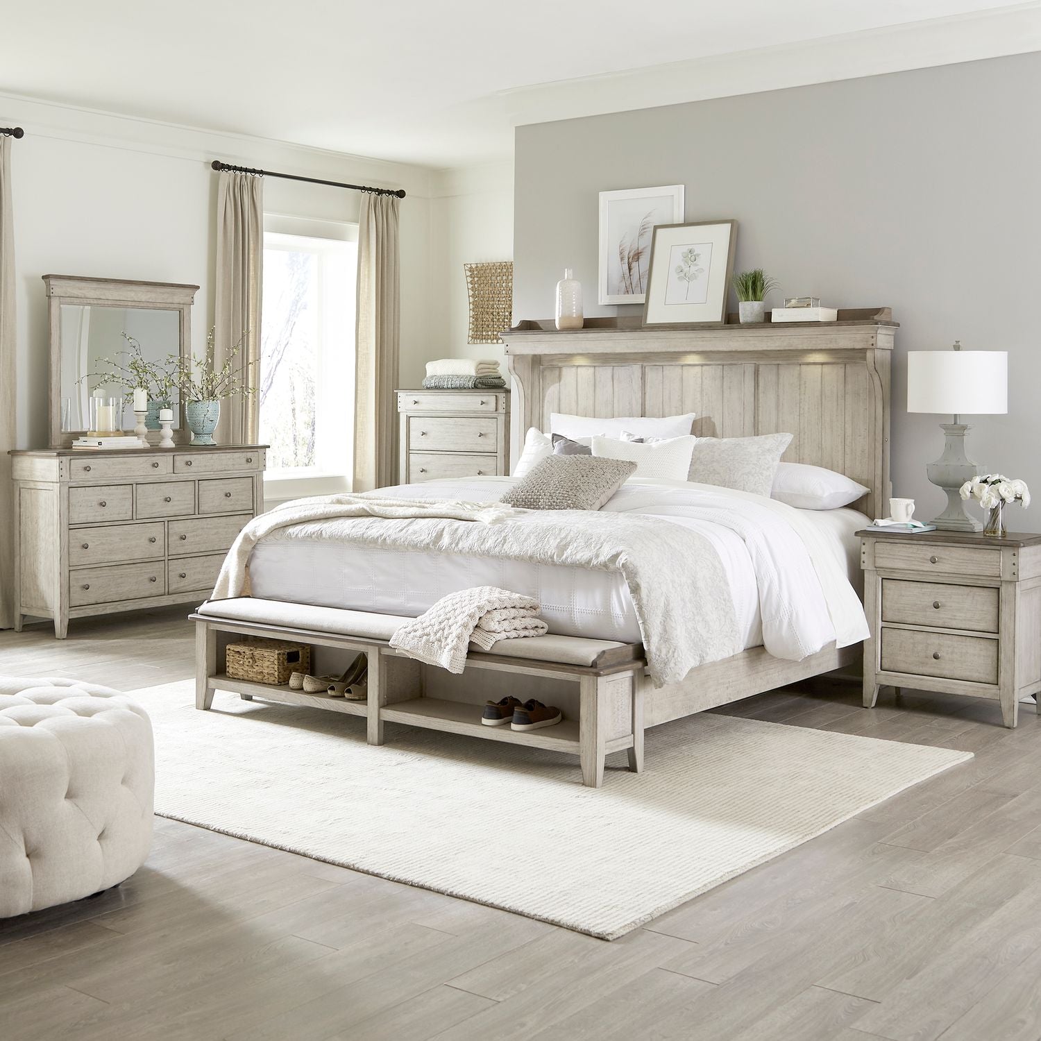 King California Mantle Storage Bed, Dresser & Mirror, Chest, Night Stand