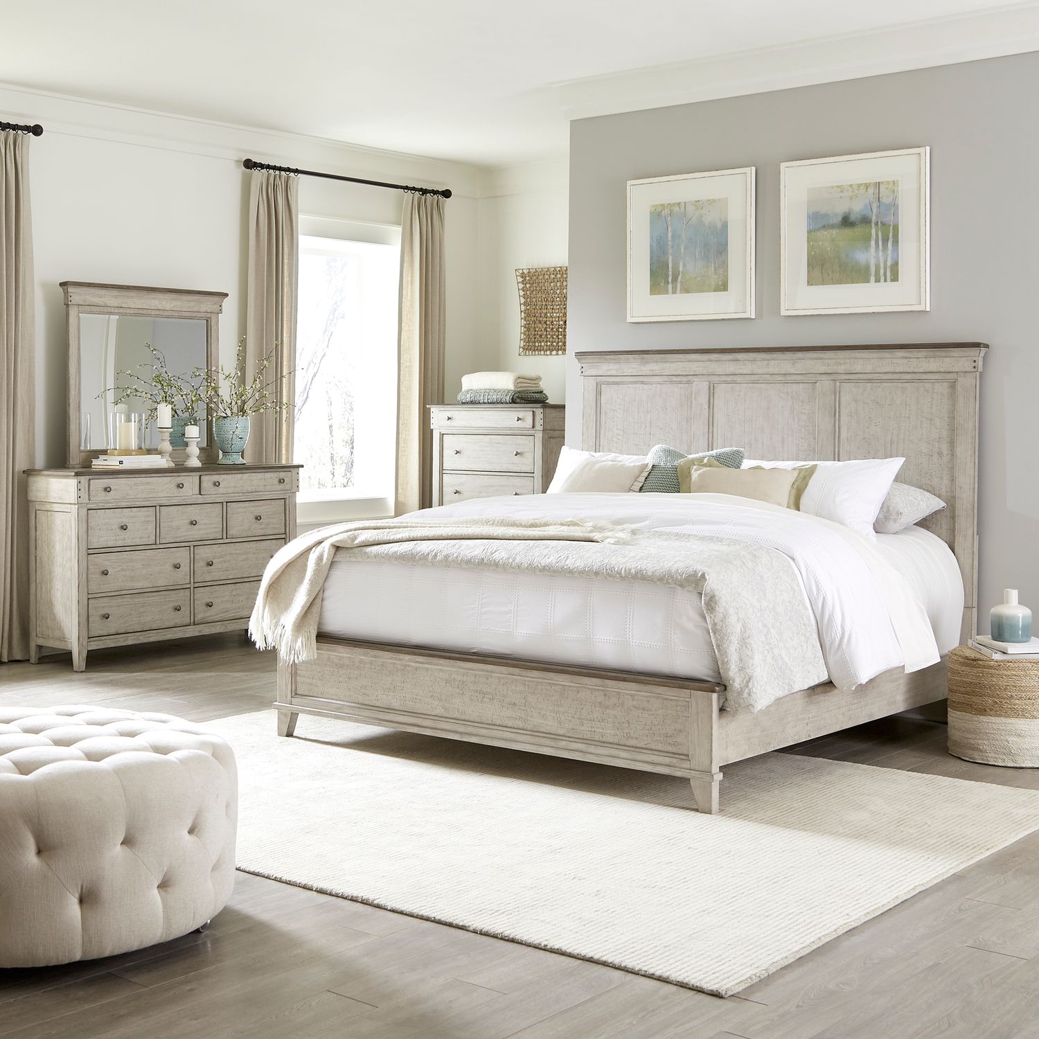 King Panel Bed, Dresser & Mirror, Chest