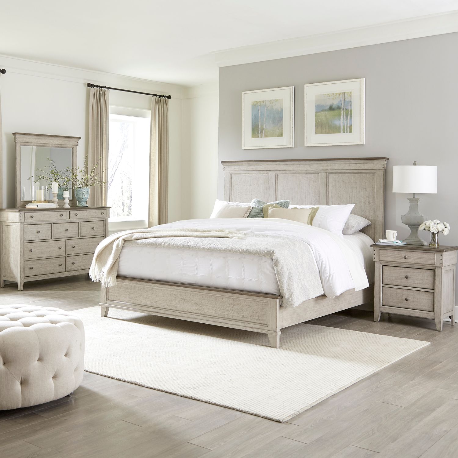 King Panel Bed, Dresser & Mirror, Night Stand