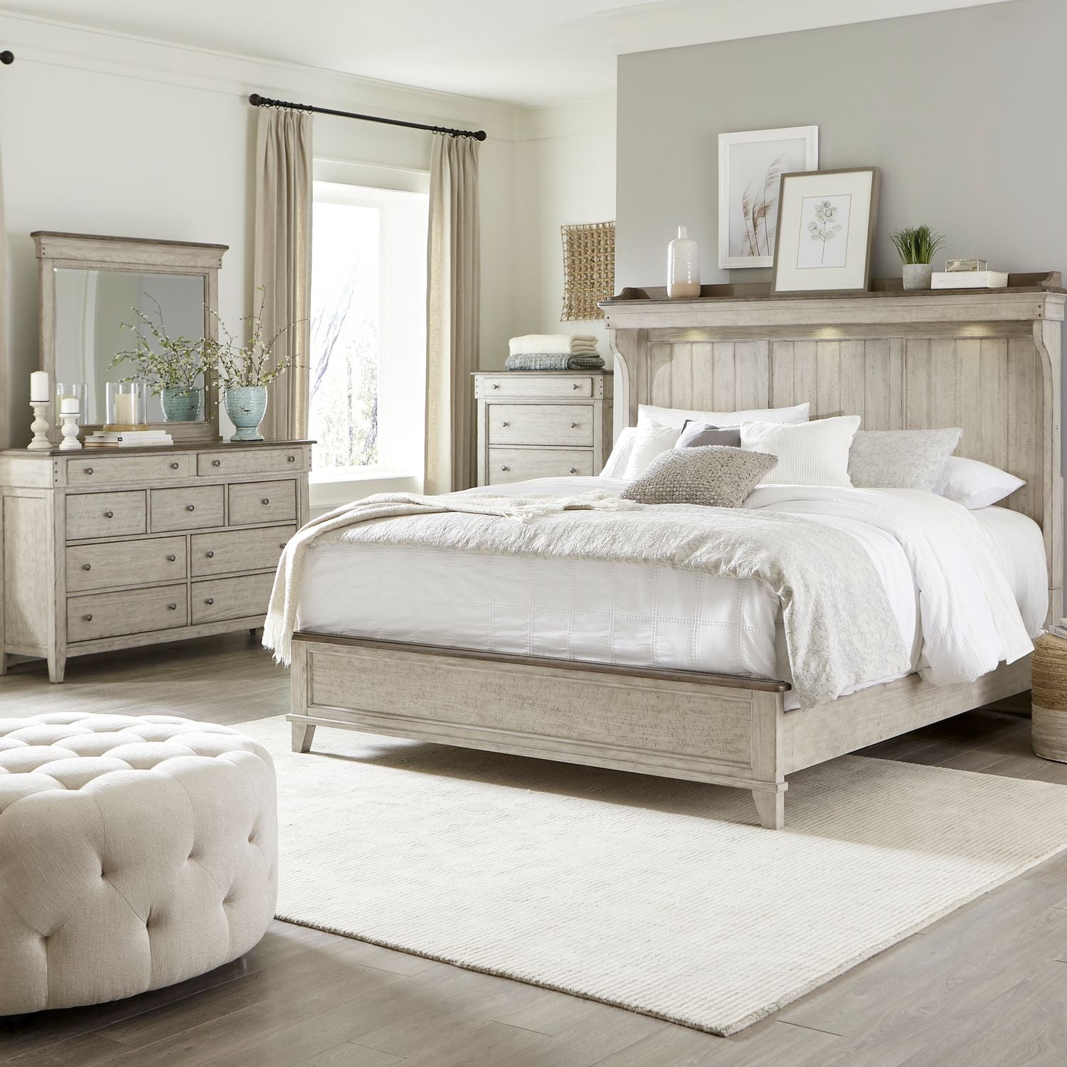 Queen Mantle Bed, Dresser & Mirror, Chest