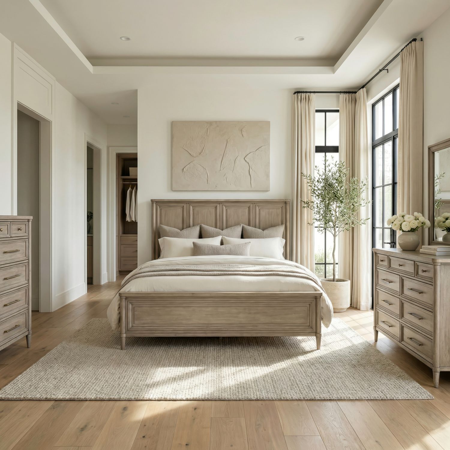 King Panel Bed, Dresser & Mirror, Chest