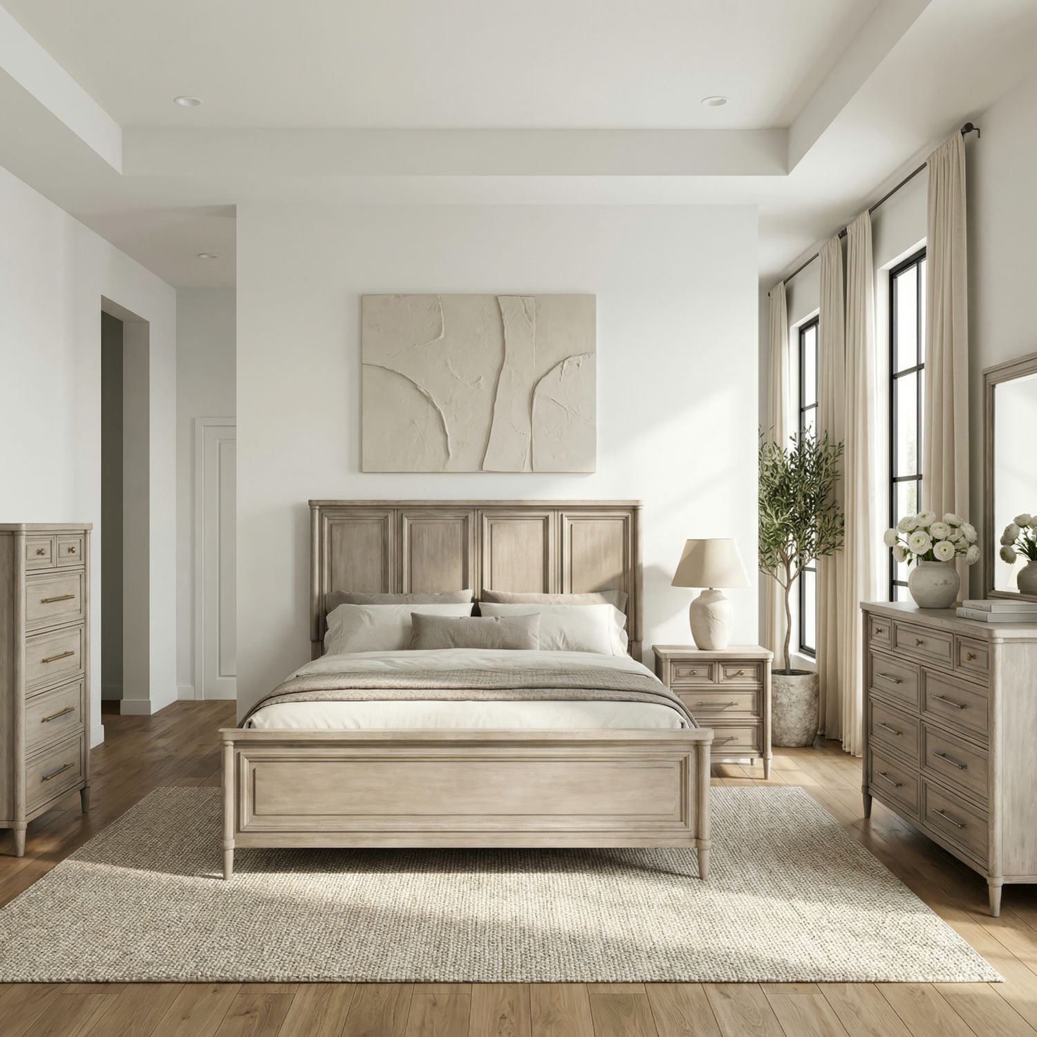 King Panel Bed, Dresser & Mirror, Chest, Night Stand