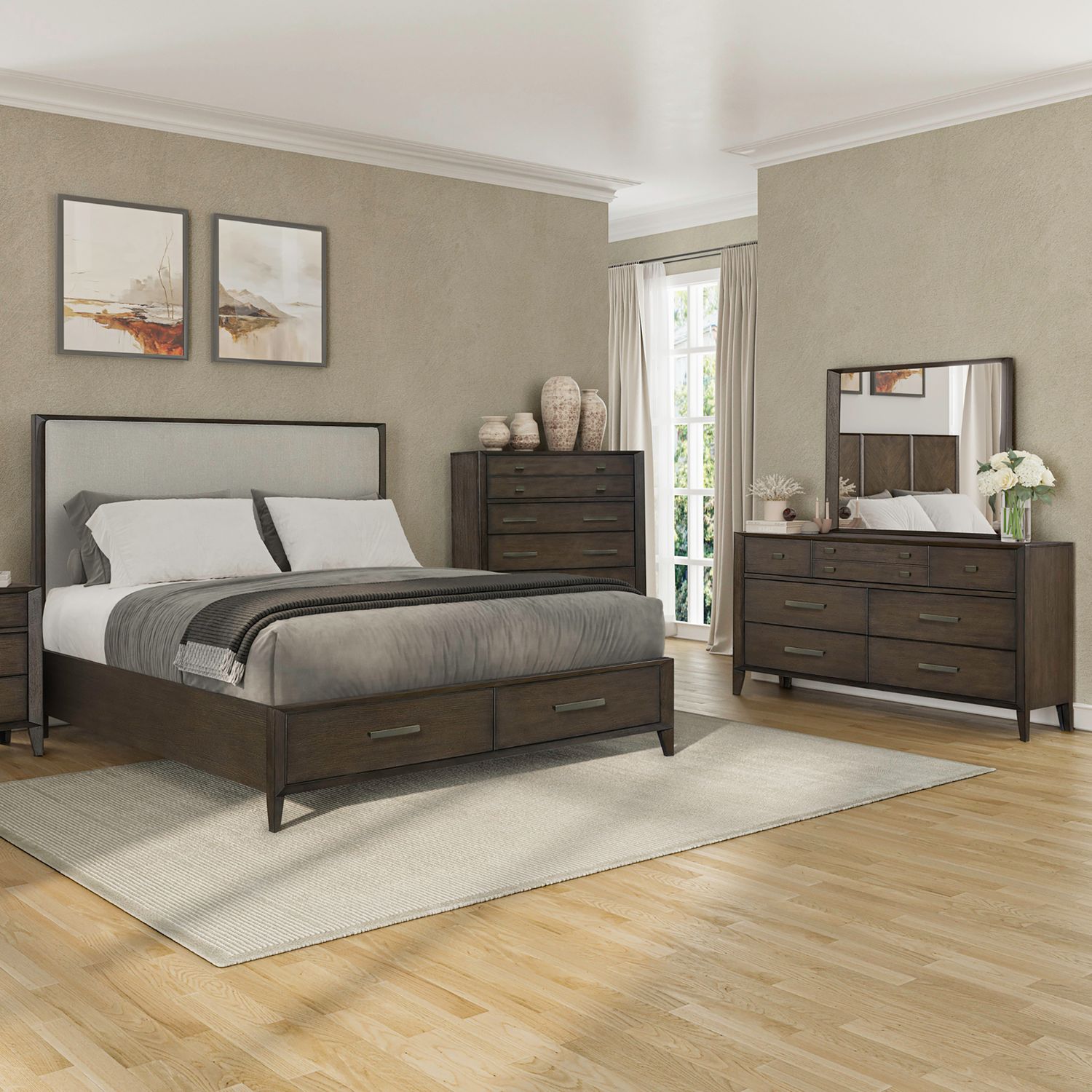King California Uph Storage Bed, Dresser & Mirror, Chest