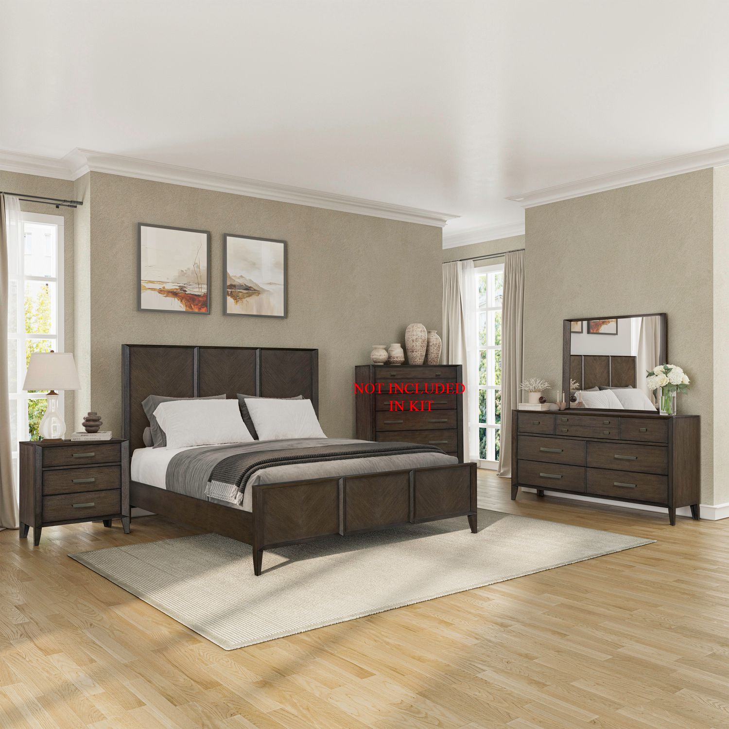 King California Panel Bed, Dresser & Mirror, Night Stand