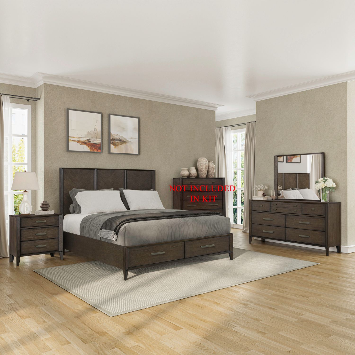 King Storage Bed, Dresser & Mirror, Night Stand