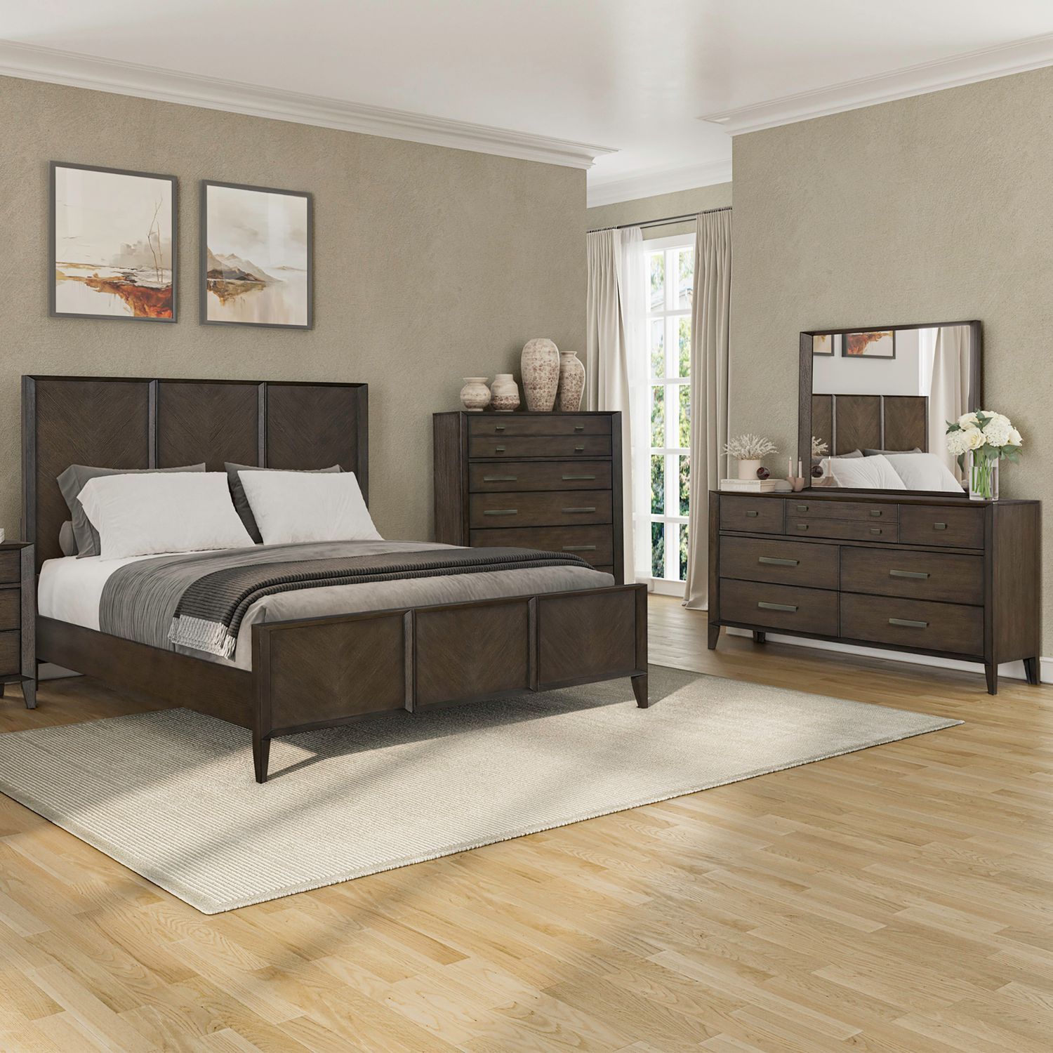 King Panel Bed, Dresser & Mirror, Chest