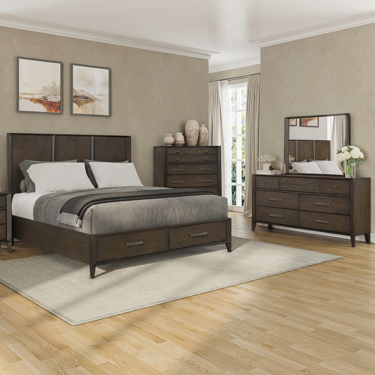King Storage Bed, Dresser & Mirror, Chest