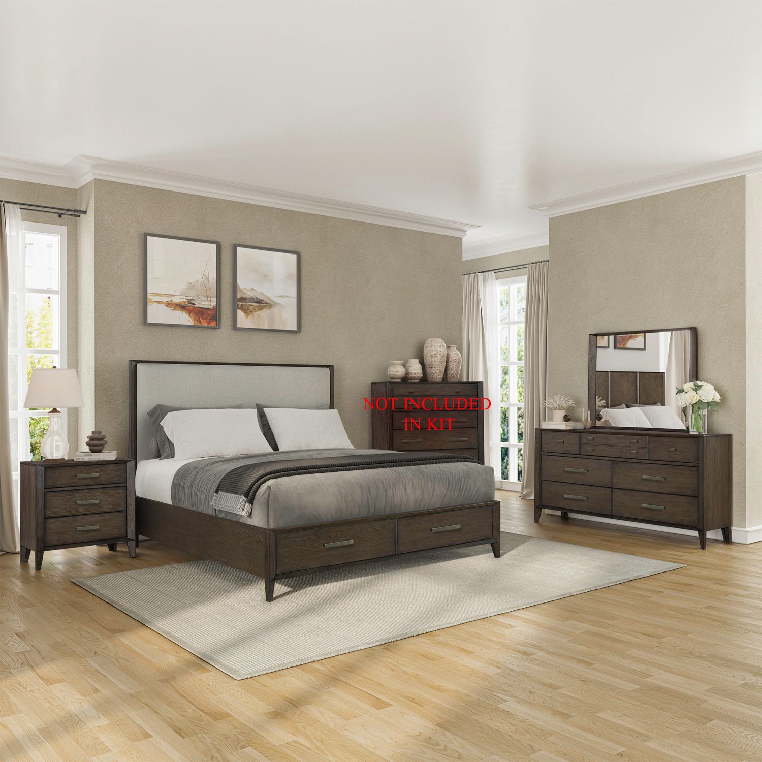 King Uph Storage Bed, Dresser & Mirror, Night Stand