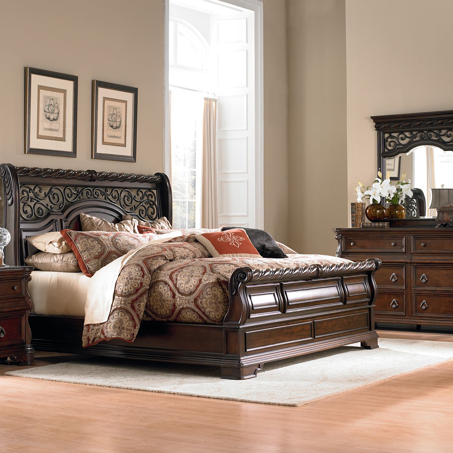 King California Sleigh Bed, Dresser & Mirror, Night Stand