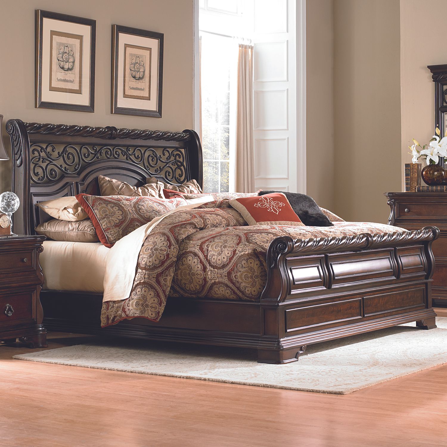 King Sleigh Bed, Dresser & Mirror, Chest