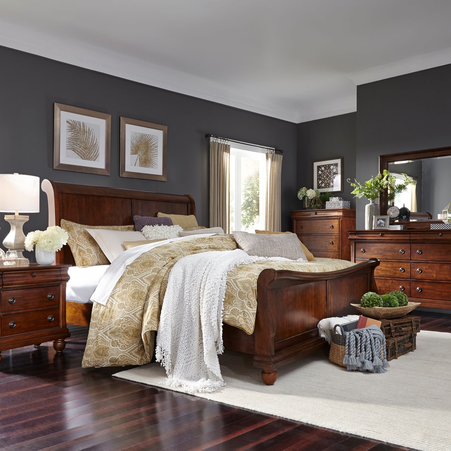 King California Sleigh Bed, Dresser & Mirror, Chest, Night Stand
