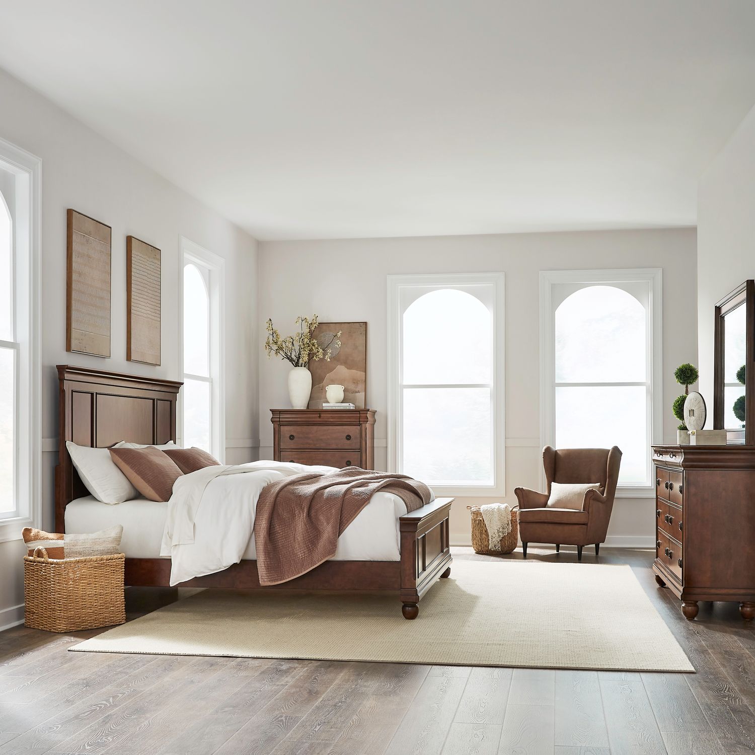 King Panel Bed, Dresser & Mirror, Chest
