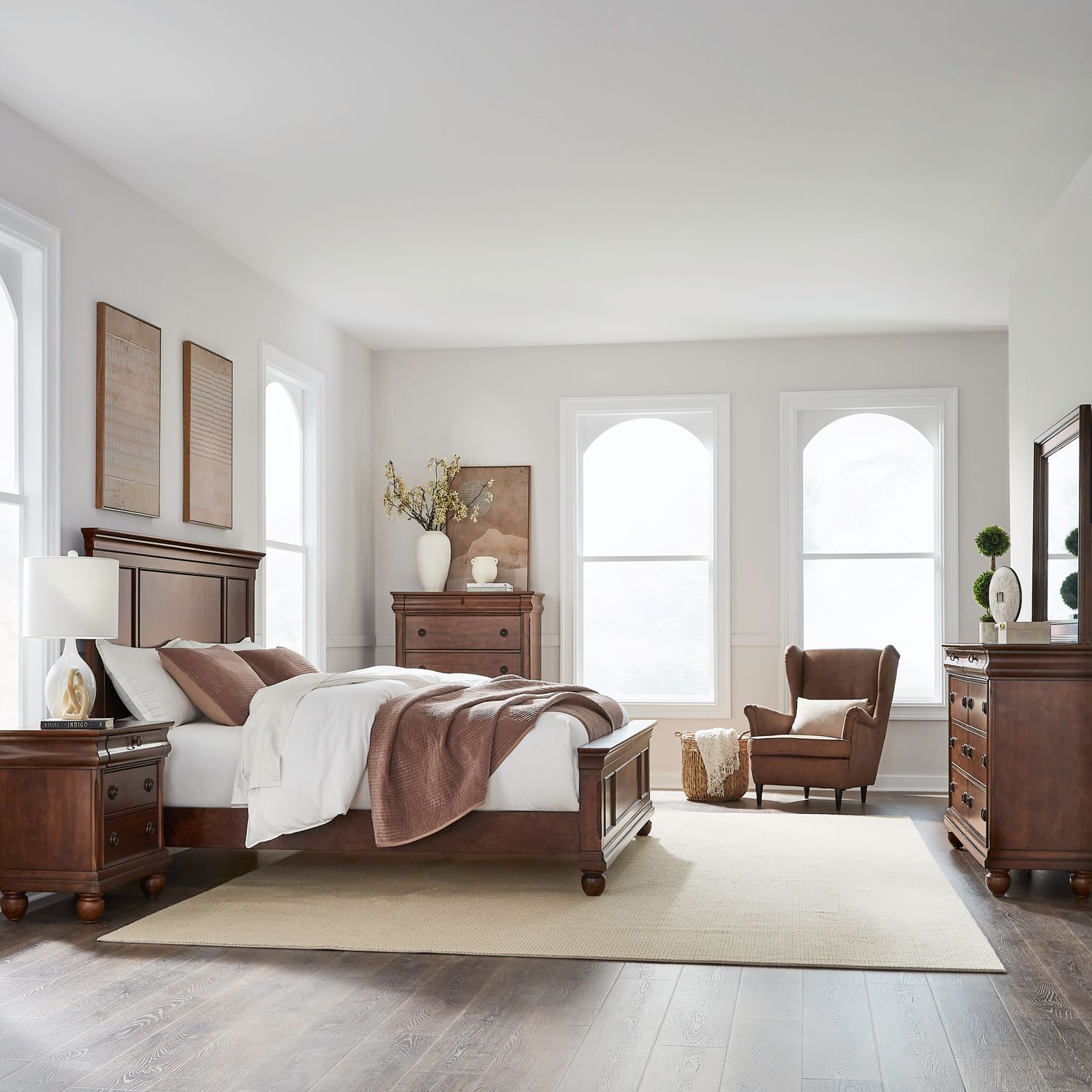 King Panel Bed, Dresser & Mirror, Chest, Night Stand