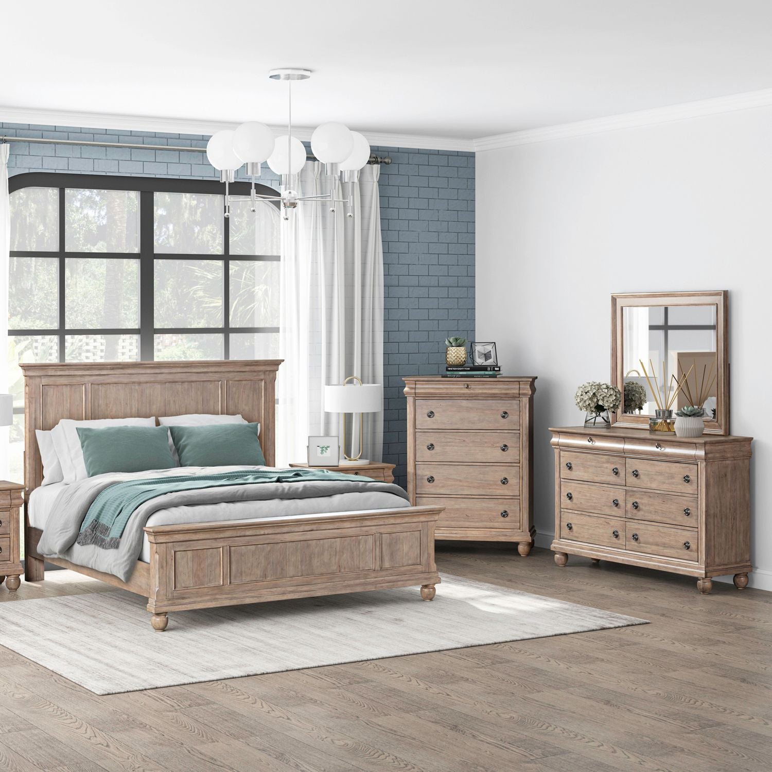 Queen Panel Bed, Dresser & Mirror, Chest