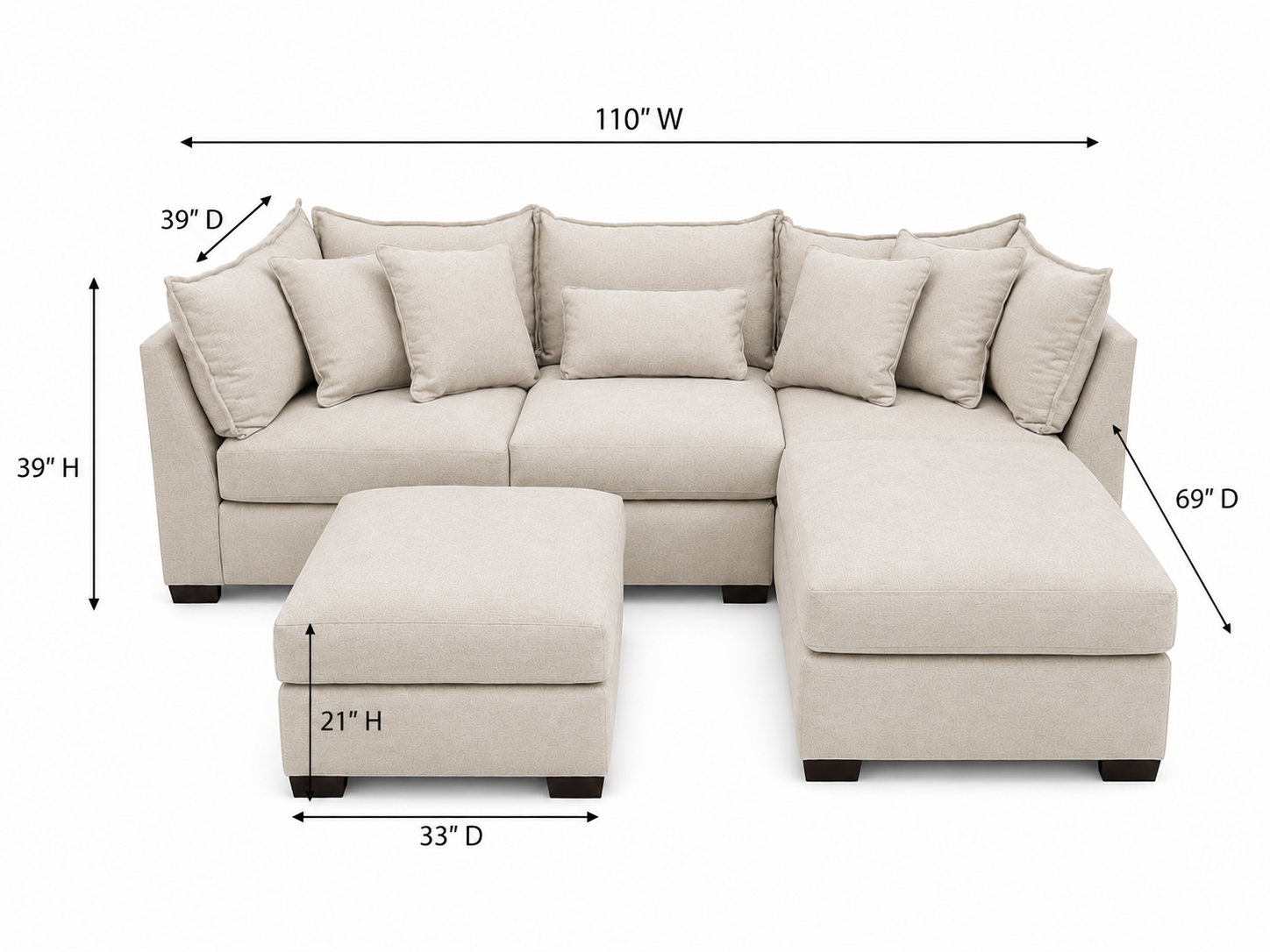 Alina 3 Pc Right Chaise Sectional with Storage Ottoman