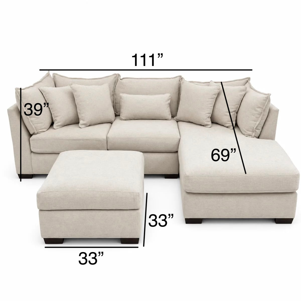 Alina 3 Pc Right Chaise Sectional with Storage Ottoman