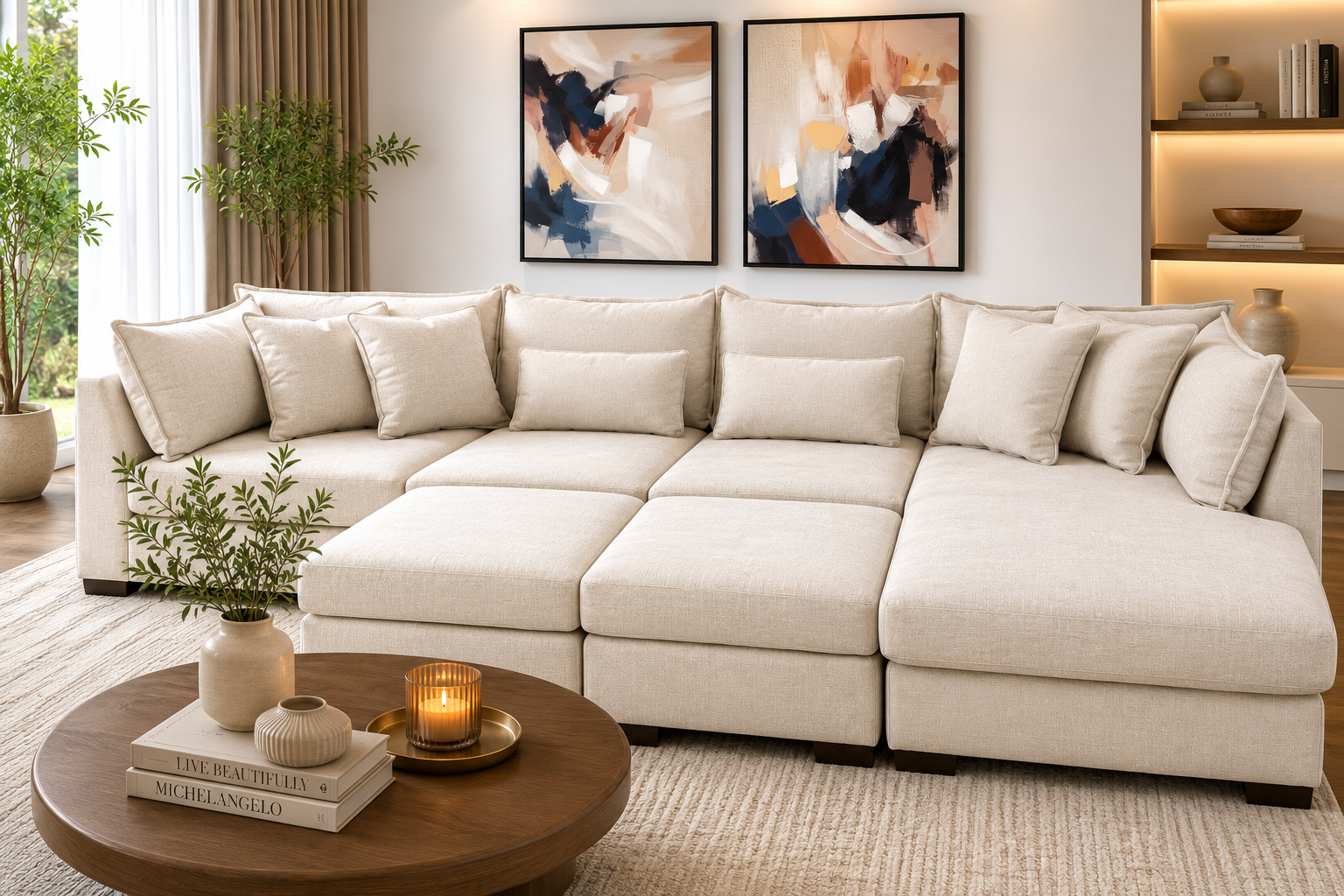 Alina 6 Pc Right Chaise U Shape Sectional with Double Storage Ottoman in Ivory