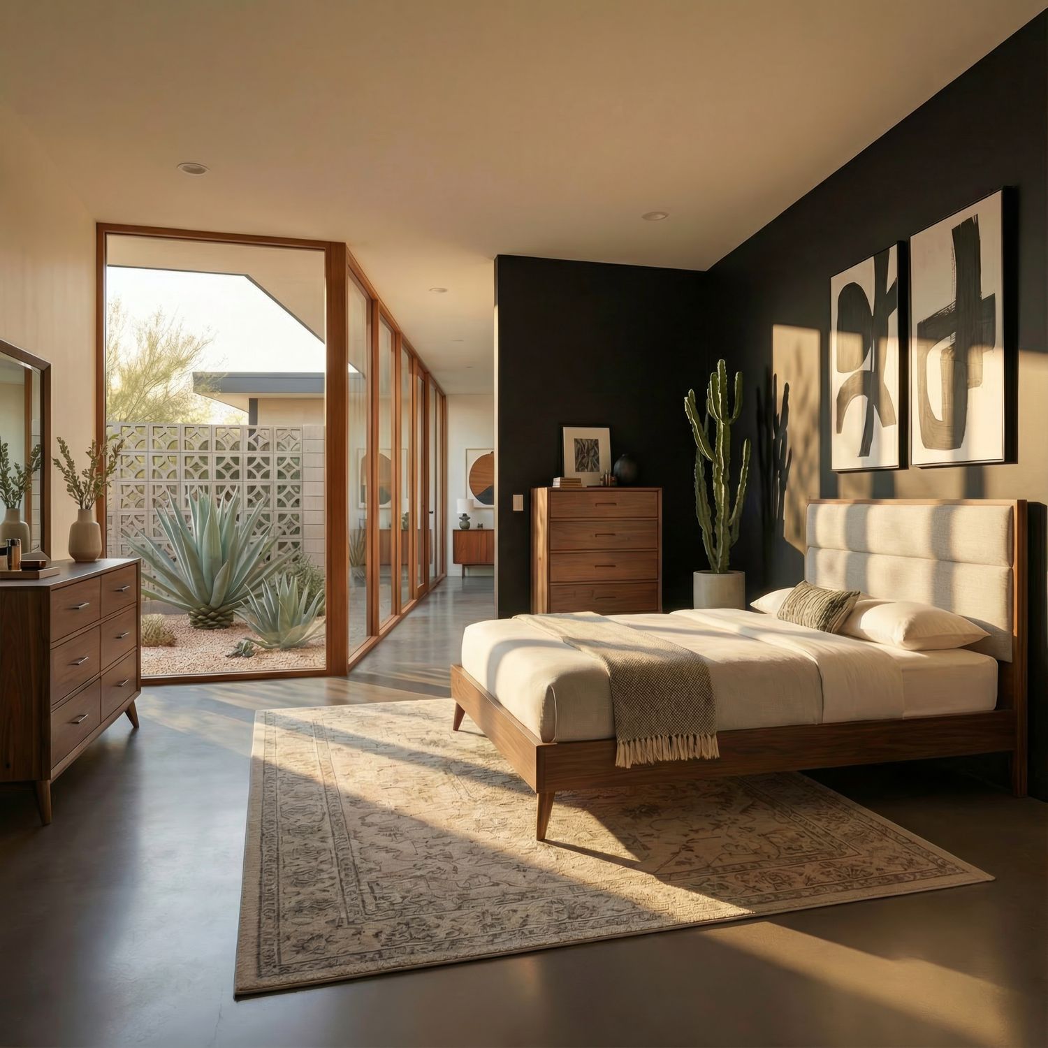 King California Uph Platform Bed, Dresser & Mirror, Chest