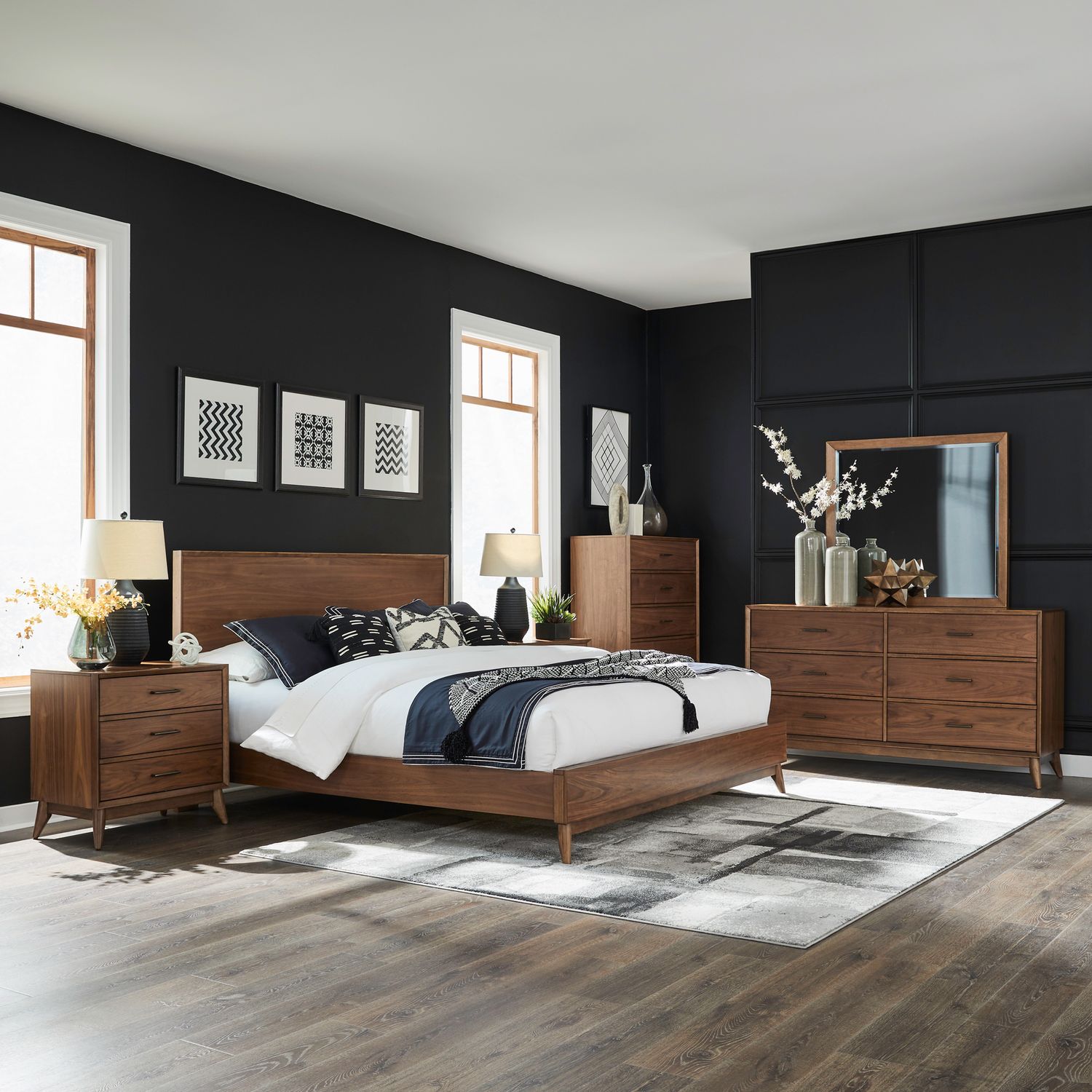 Queen Platform Bed, Dresser & Mirror, Chest, Night Stand