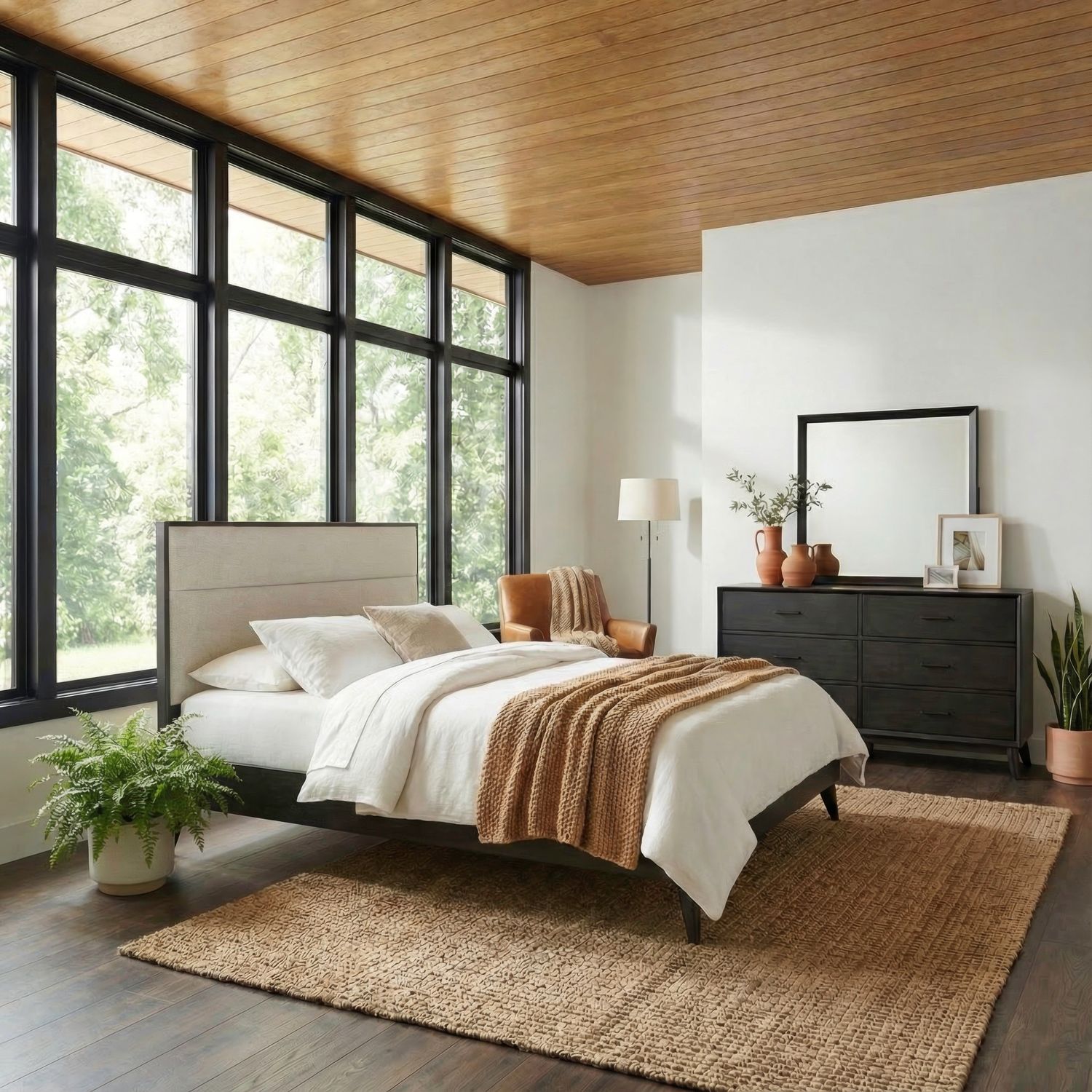 King Uph Platform Bed, Dresser & Mirror