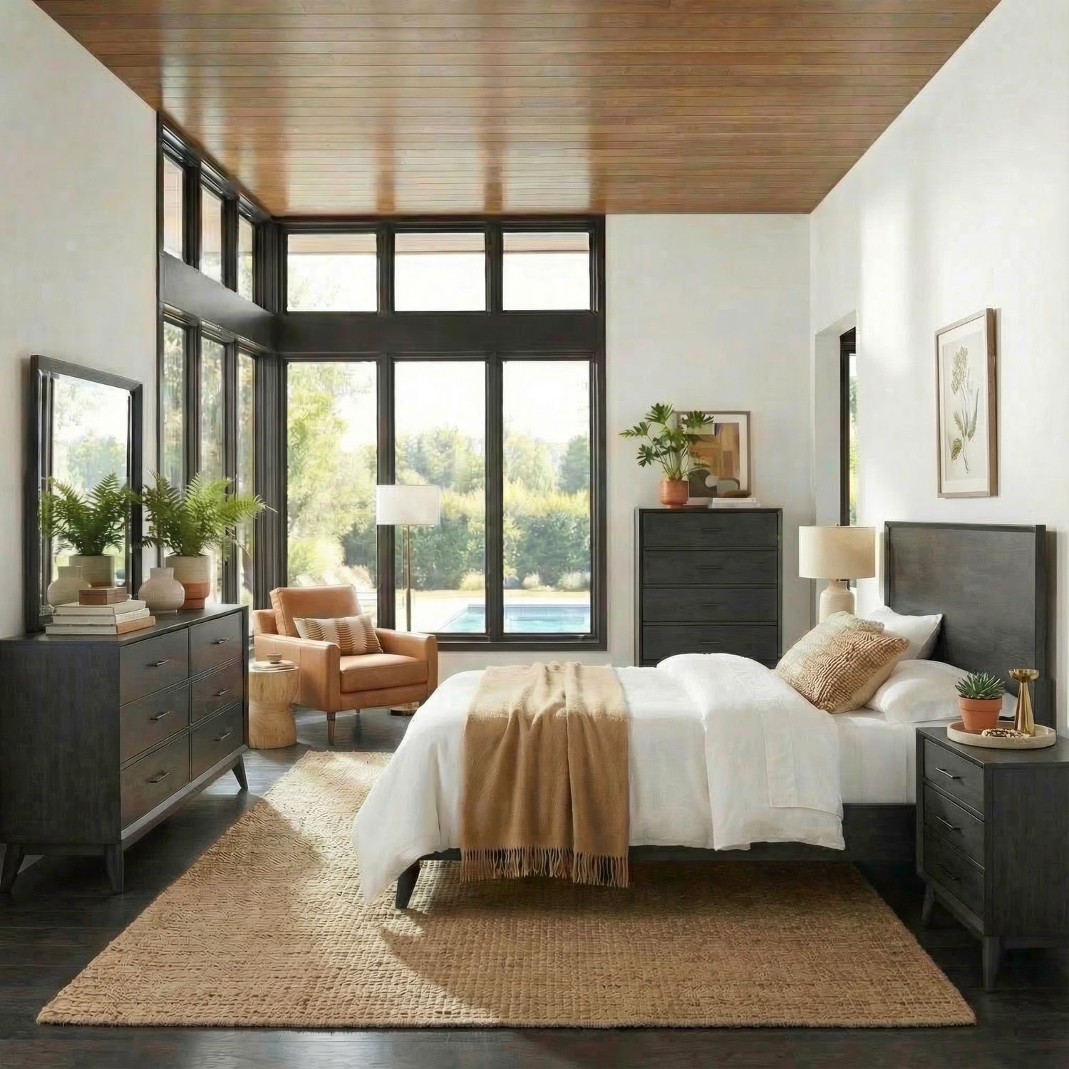Queen Platform Bed, Dresser & Mirror, Chest, Night Stand