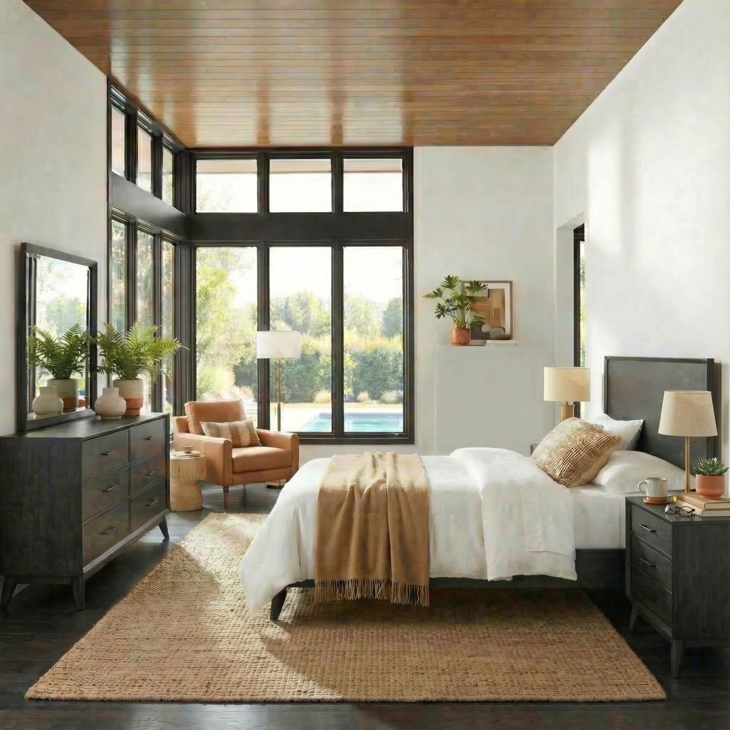 Queen Platform Bed, Dresser & Mirror, Night Stand