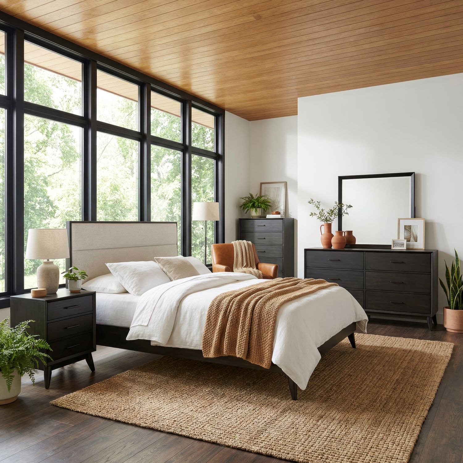 Queen Uph Platform Bed, Dresser & Mirror, Chest, Night Stand