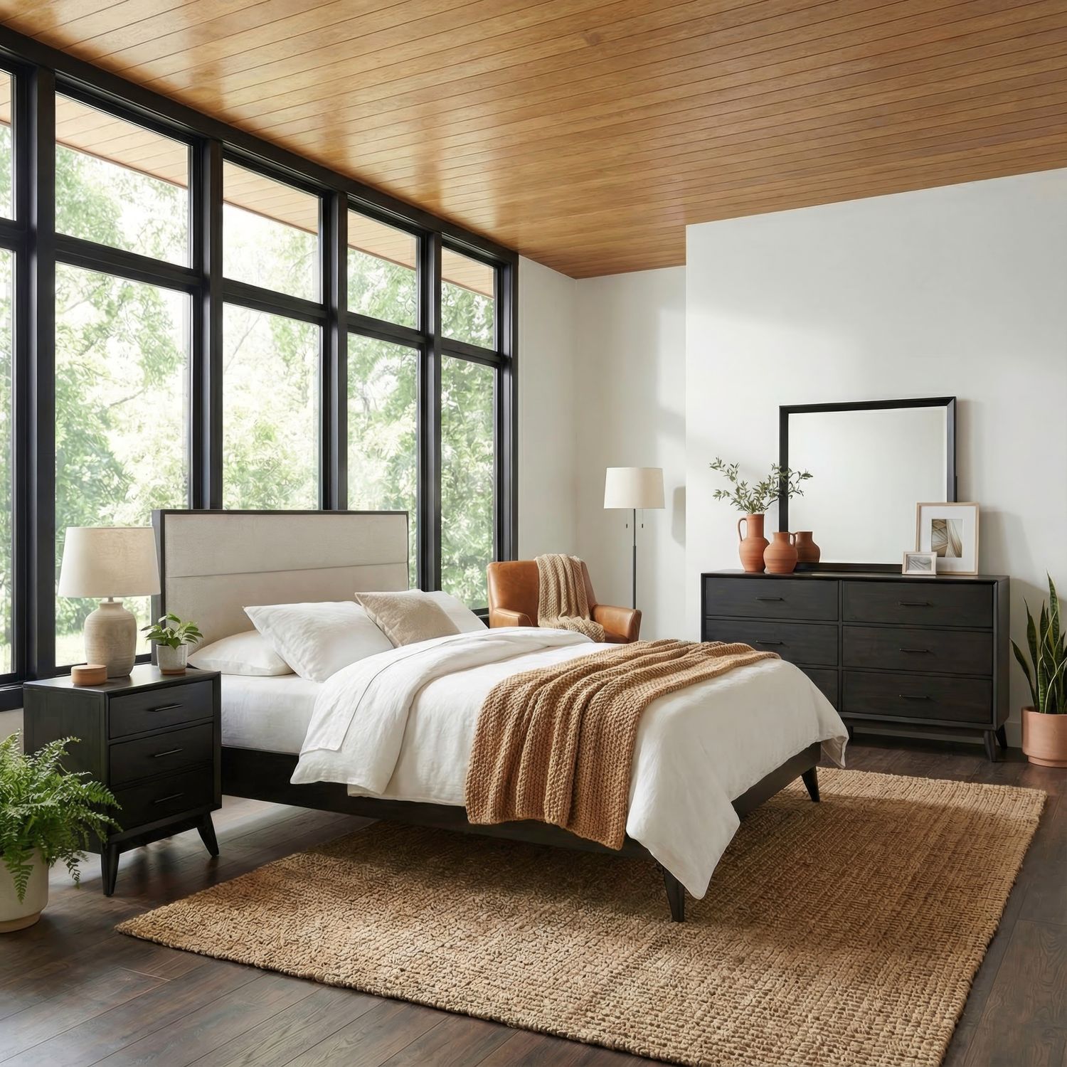 Queen Uph Platform Bed, Dresser & Mirror, Night Stand