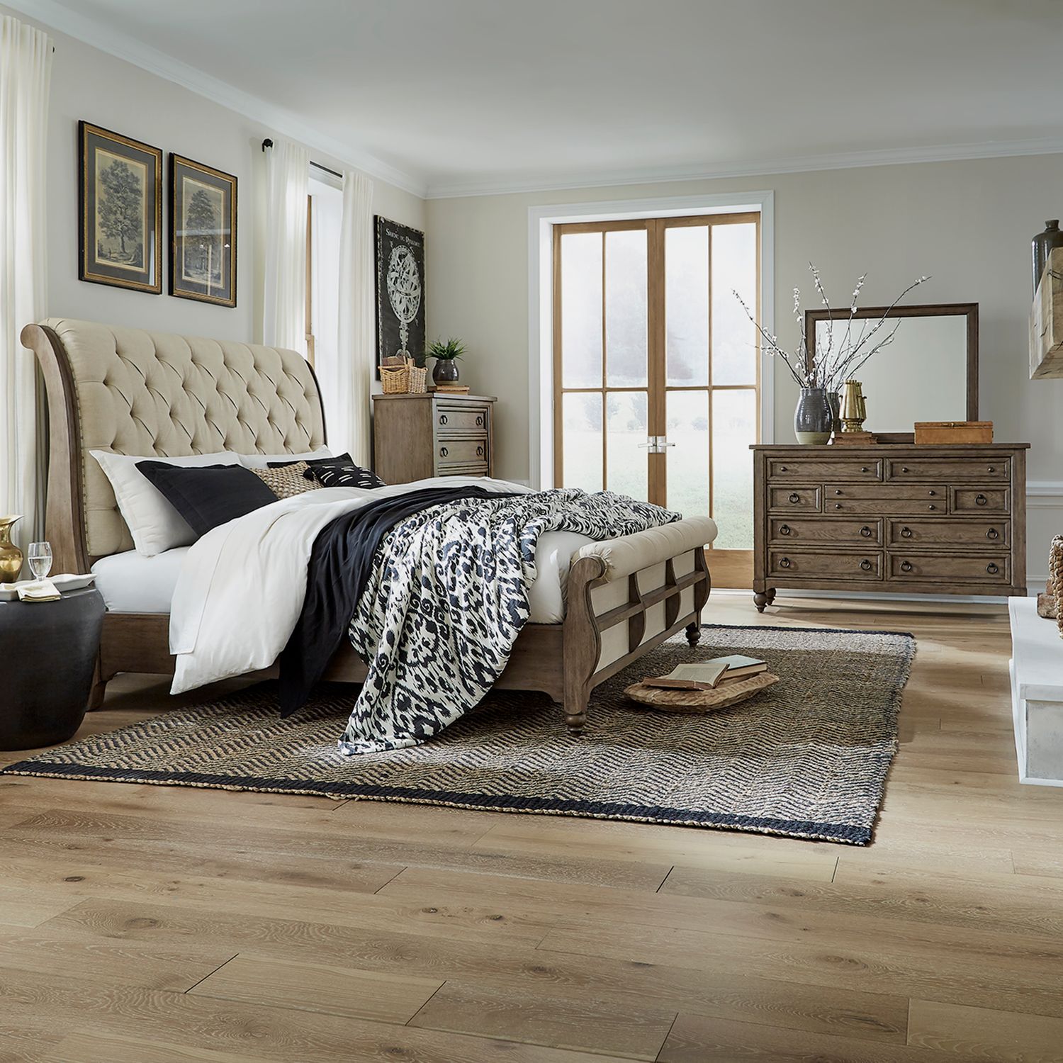 King Sleigh Bed, Dresser & Mirror, Chest