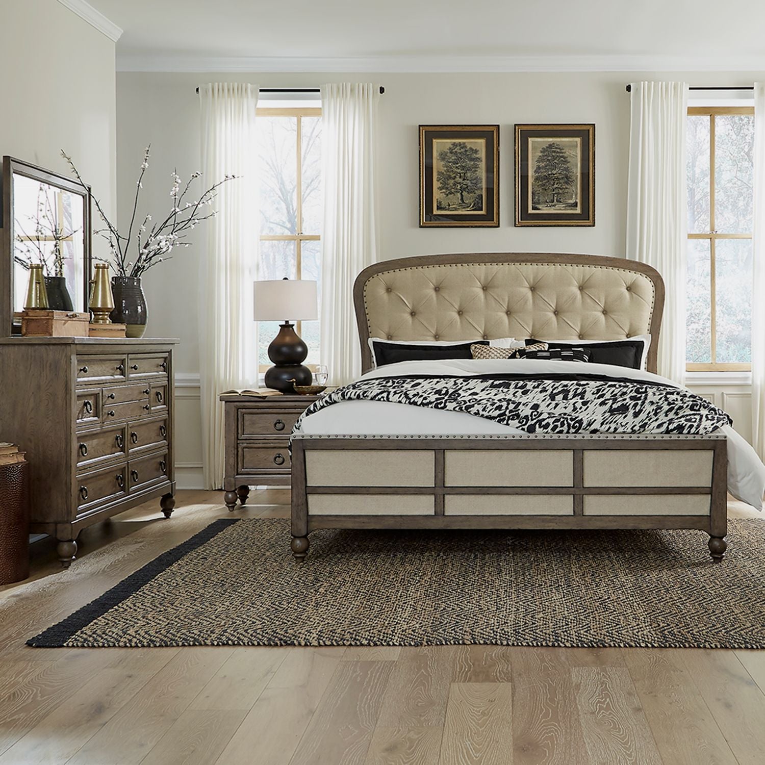 Queen Shelter Bed, Dresser & Mirror, Night Stand