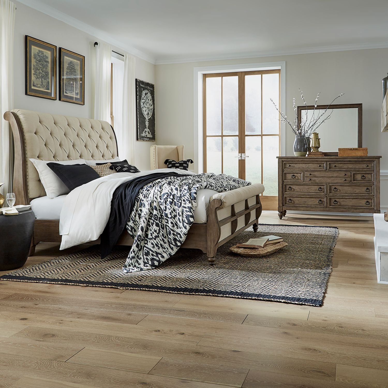 Queen Sleigh Bed, Dresser & Mirror