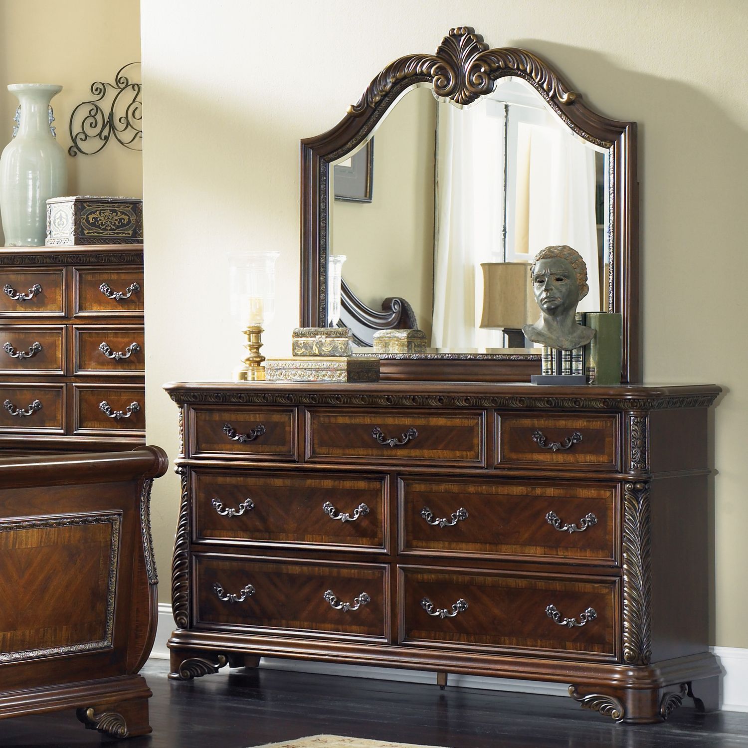 Queen Sleigh Bed, Dresser & Mirror